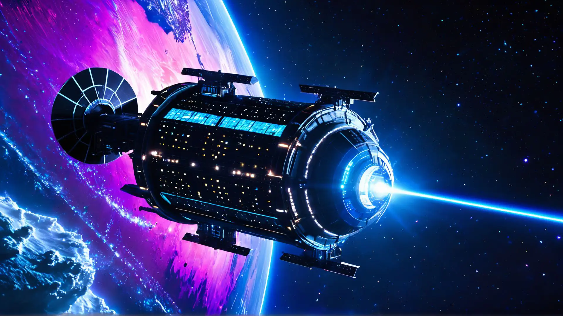 Futuristisch ruimtestation met laserstraal boven paarse melkweg