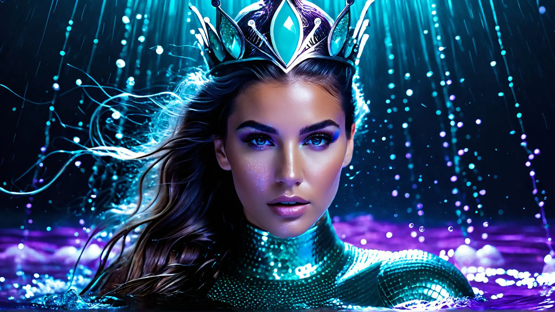 Magische fantasie portret met turquoise kroon in nachtelijke sfeer