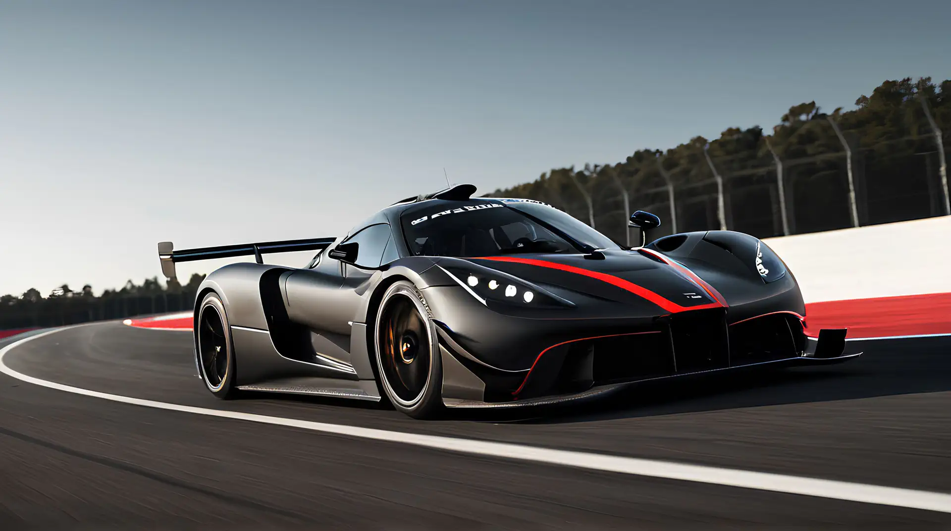 Zwarte Hypercar Met Rode Accenten Op Circuit 4K Wallpaper