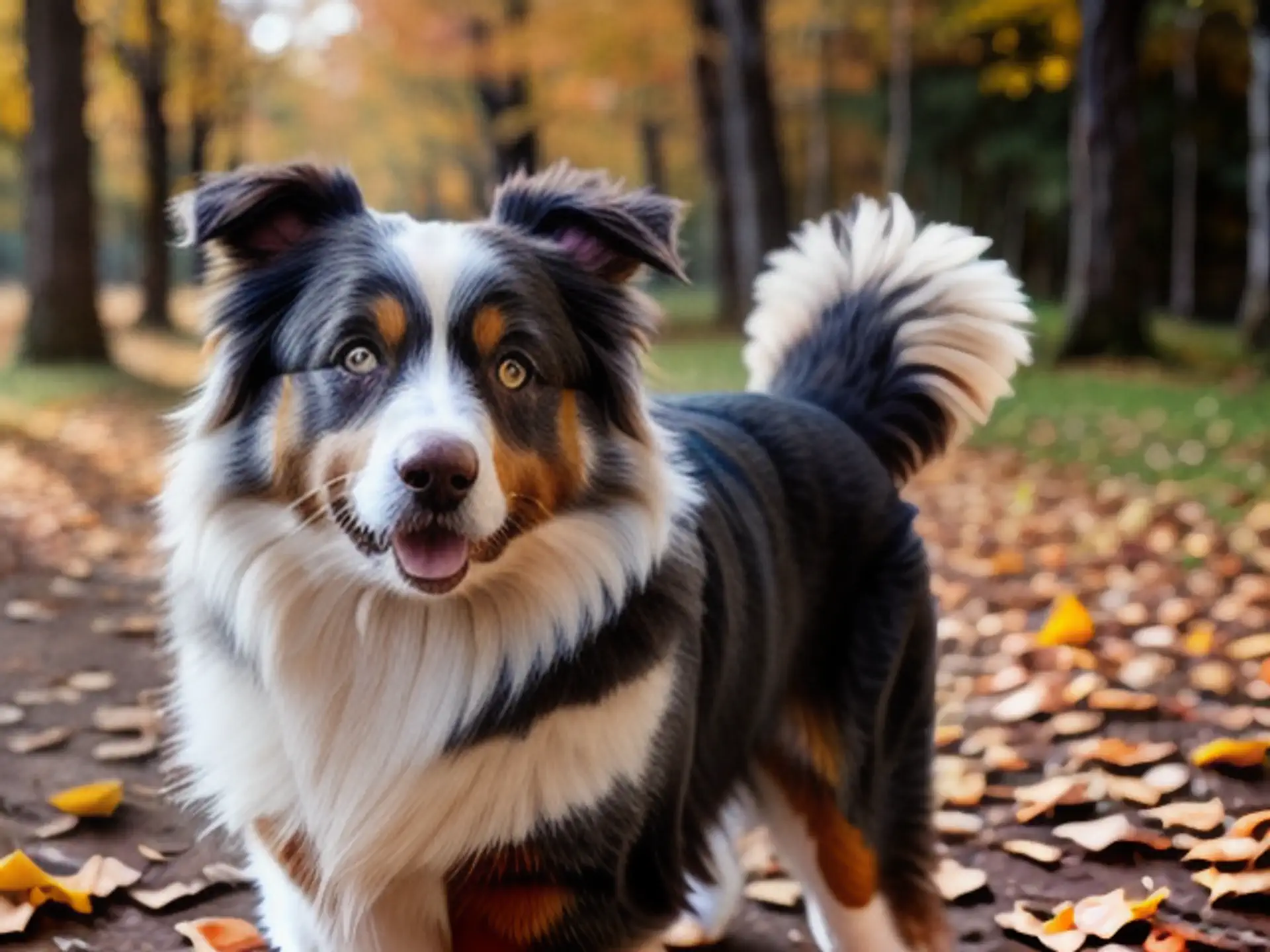 Vrolijke Australian Shepherd tijdens herfstwandeling in kleurrijk bos
