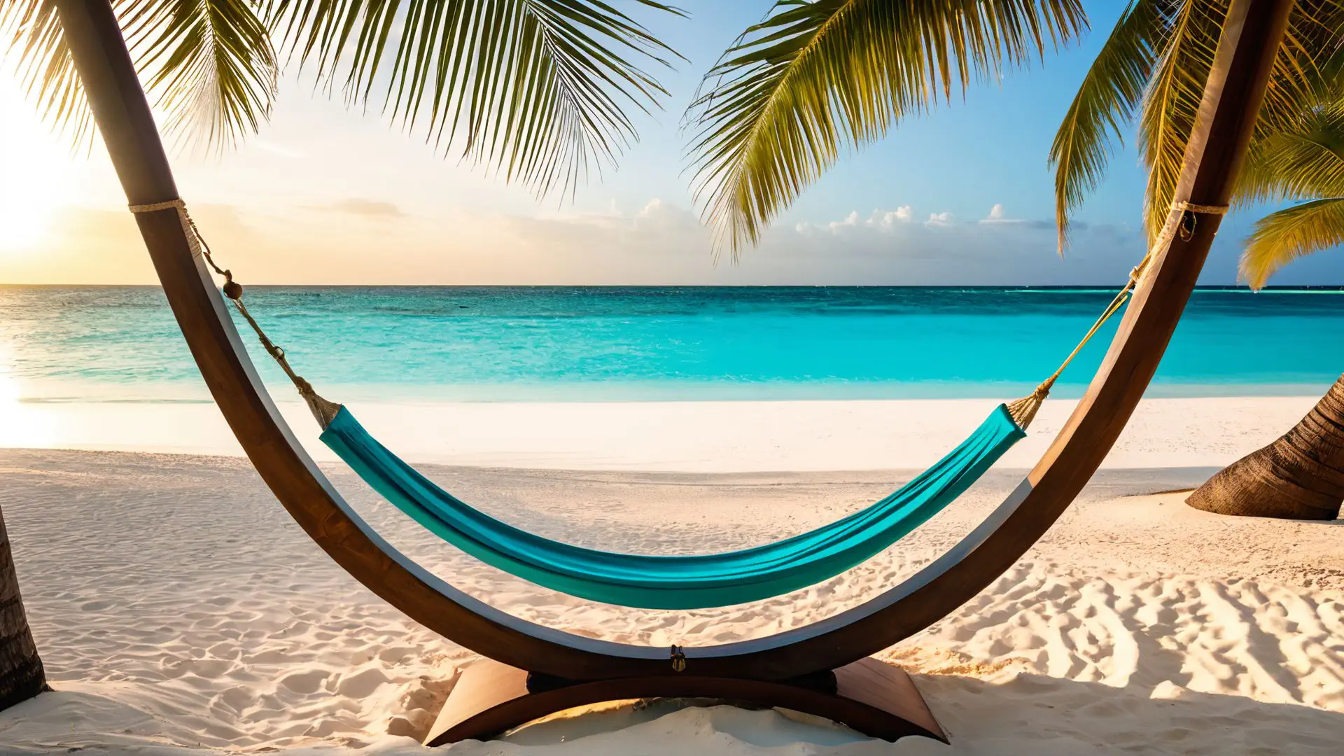 Turquoise hangmat op tropisch strand met palmbomen bij zonsondergang