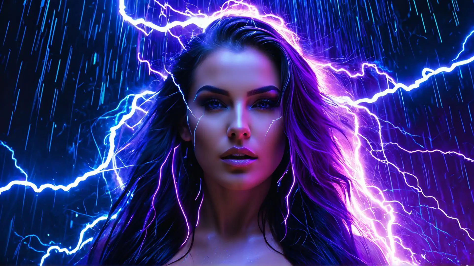 Futuristische neon portretfoto met bliksem en paarse verlichting