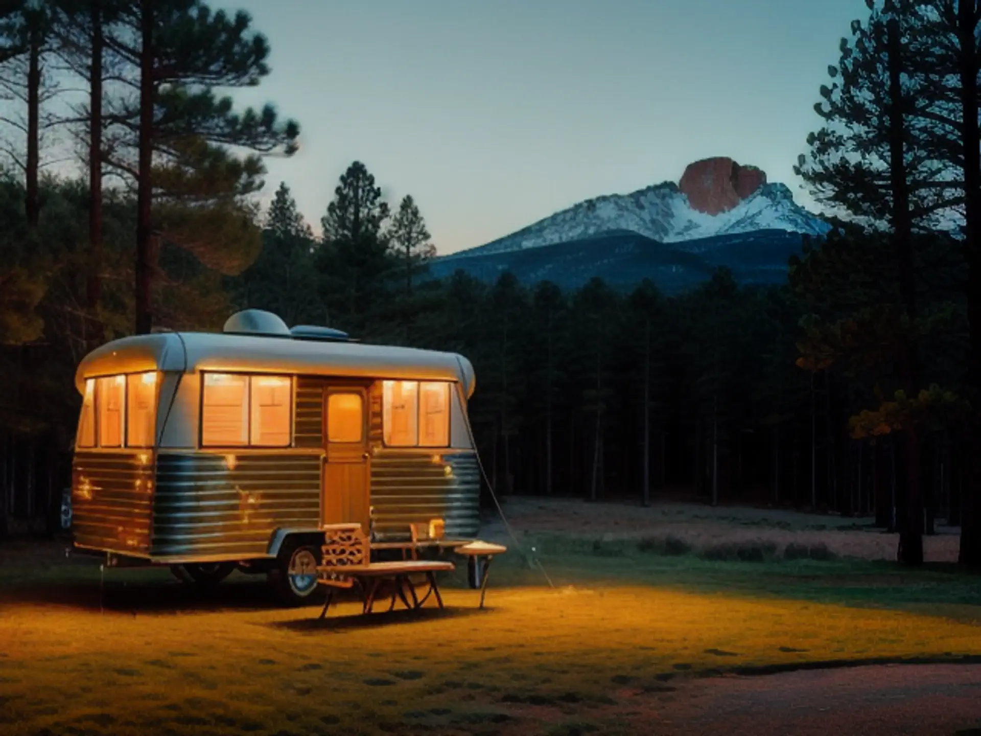 Sfeervolle vintage caravan in berglandschap tijdens zonsondergang