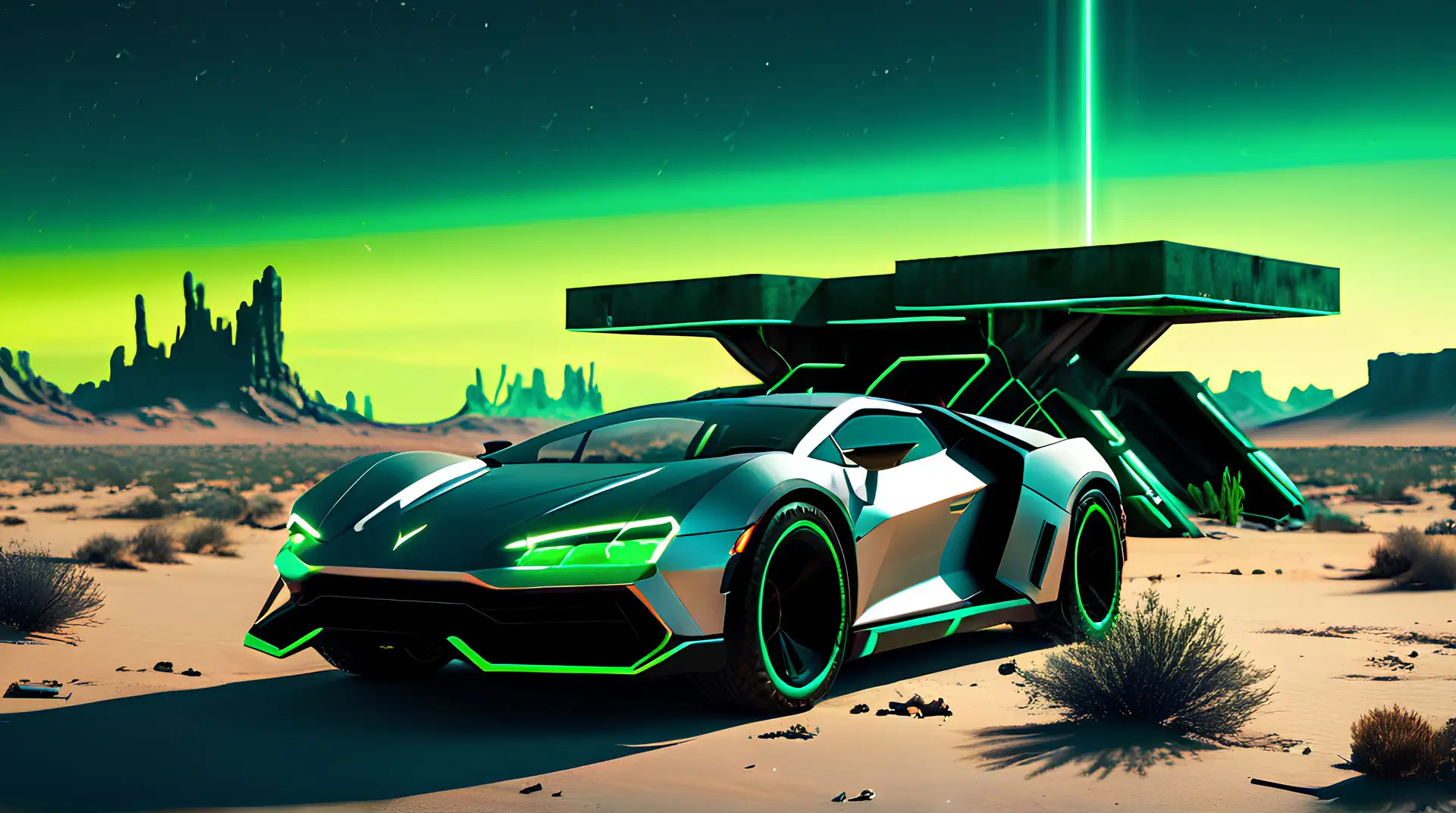 Zilveren Sportwagen met Neongroene Accenten in Alien Landschap 4K Wallpaper