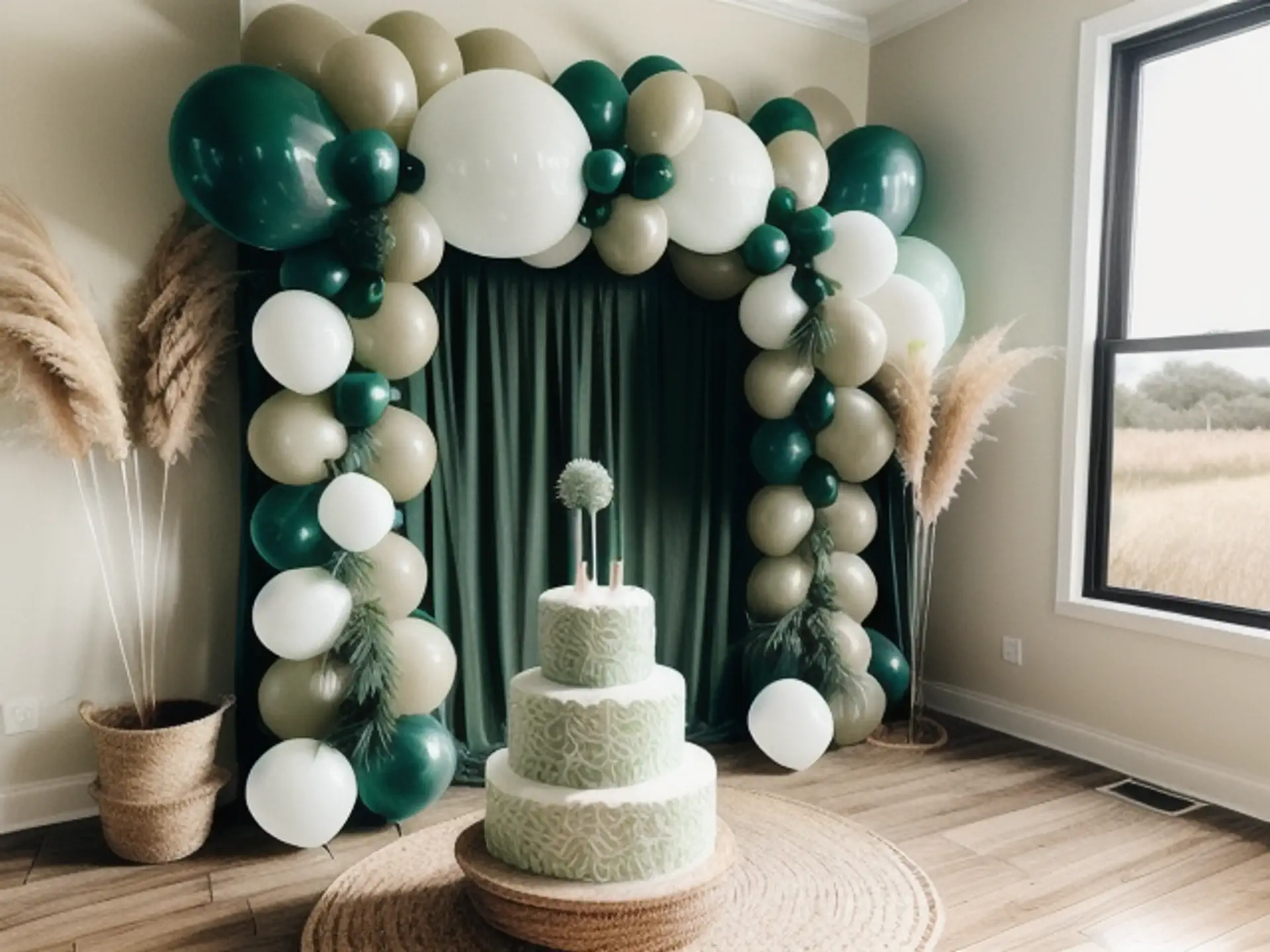 Luxe ballonnenboog met bruidstaart in smaragdgroen en roomwit decor