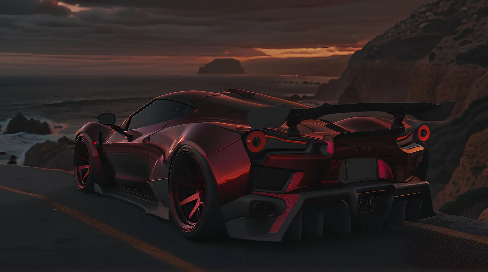 Rode Supercar op Kustweg bij Dramatische Zonsondergang 4K Wallpaper