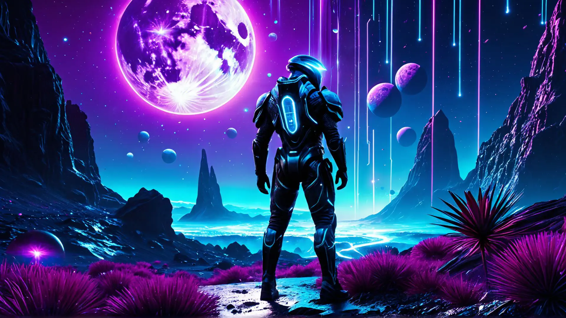 Futuristische astronaut in neon landschap met paarse maan