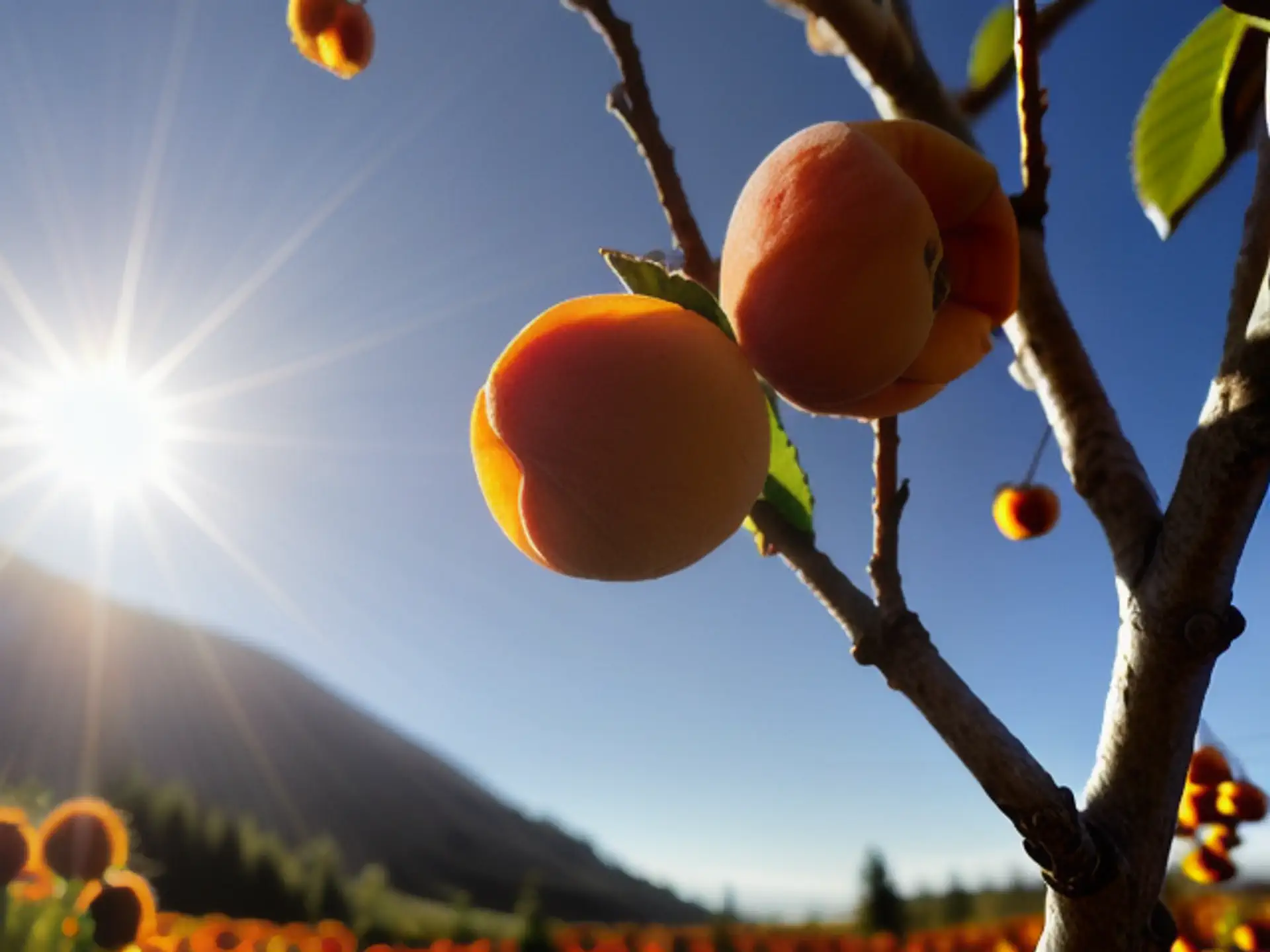Rijpe perziken aan boom met stralende zon en berglandschap