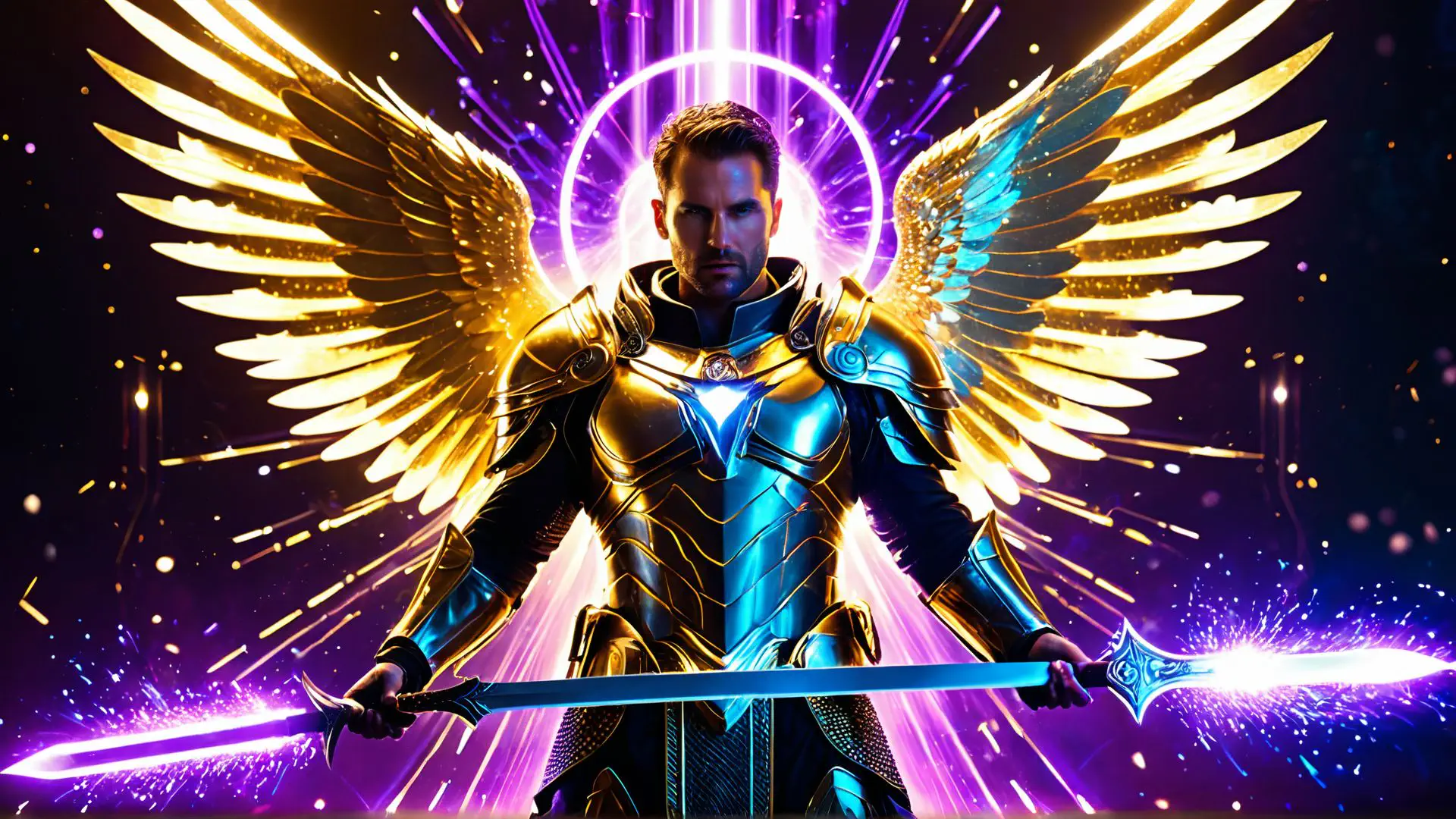 Epische fantasie-krijger met gouden vleugels en magisch zwaard