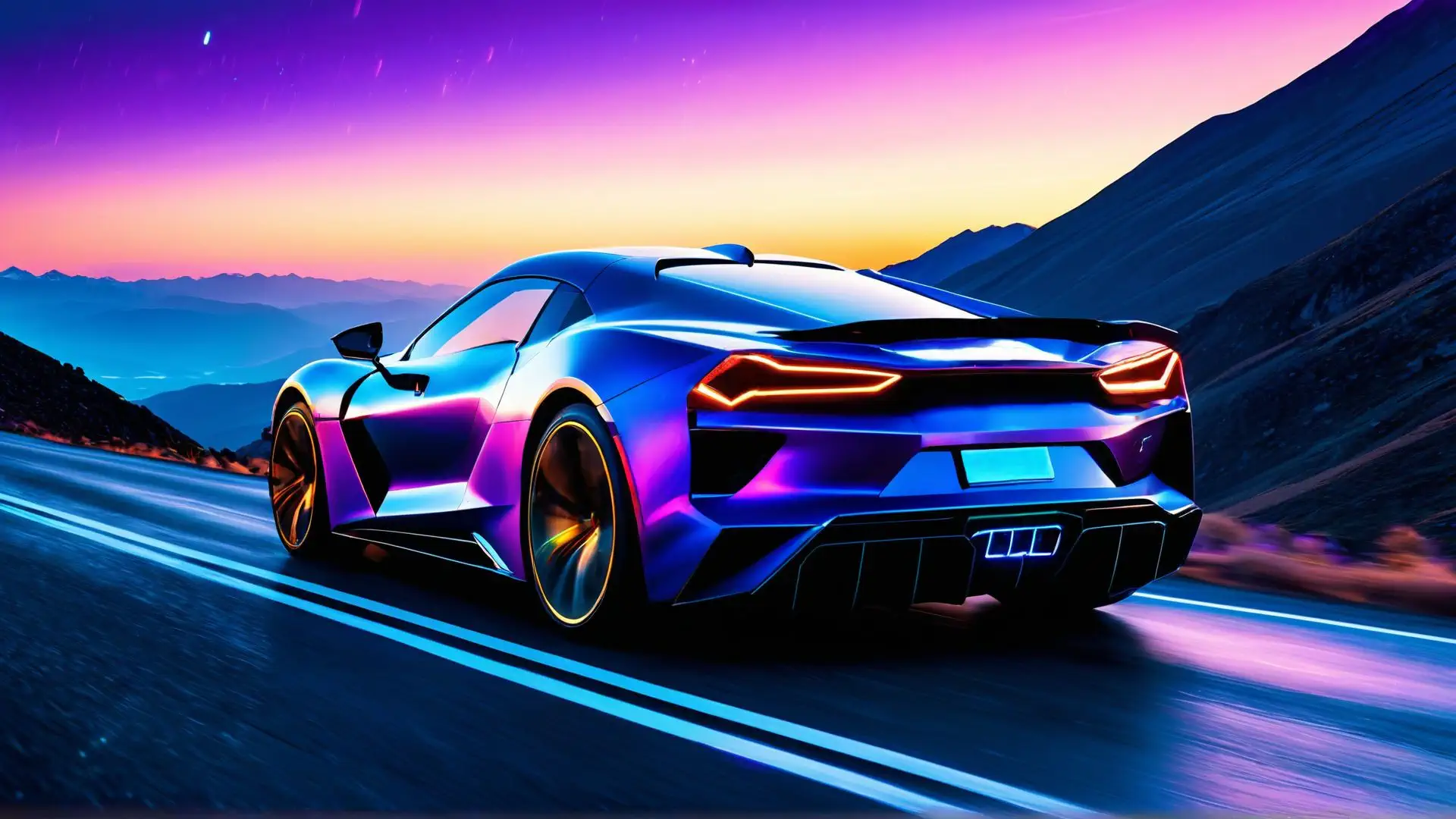 Futuristische sportwagen in neon kleuren bij bergzonsondergang