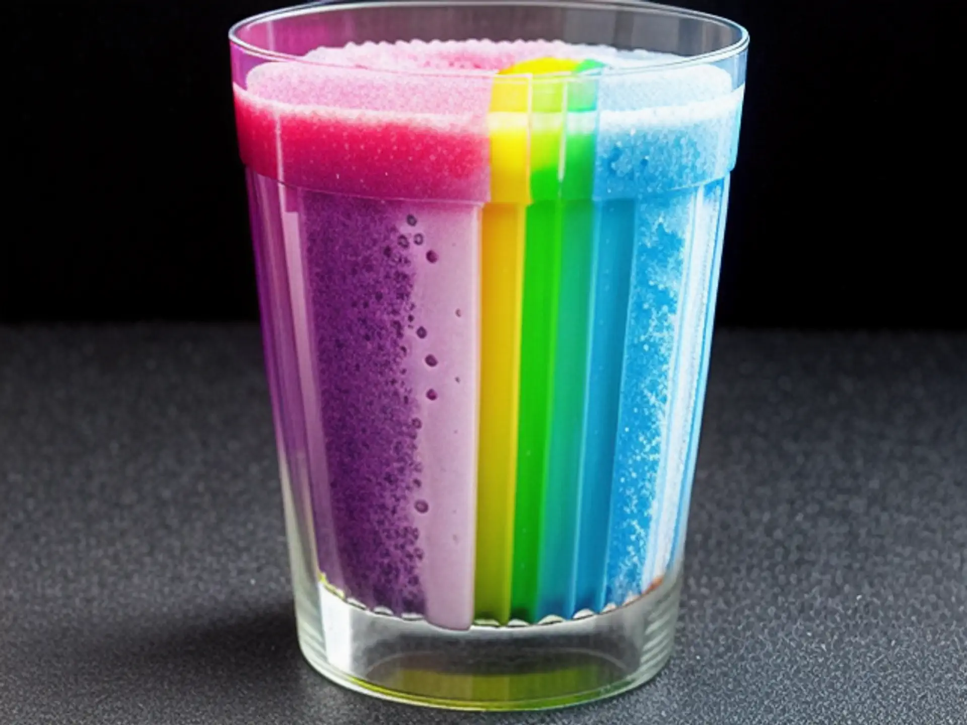 Kleurrijke regenboog smoothie in glas tegen zwarte achtergrond