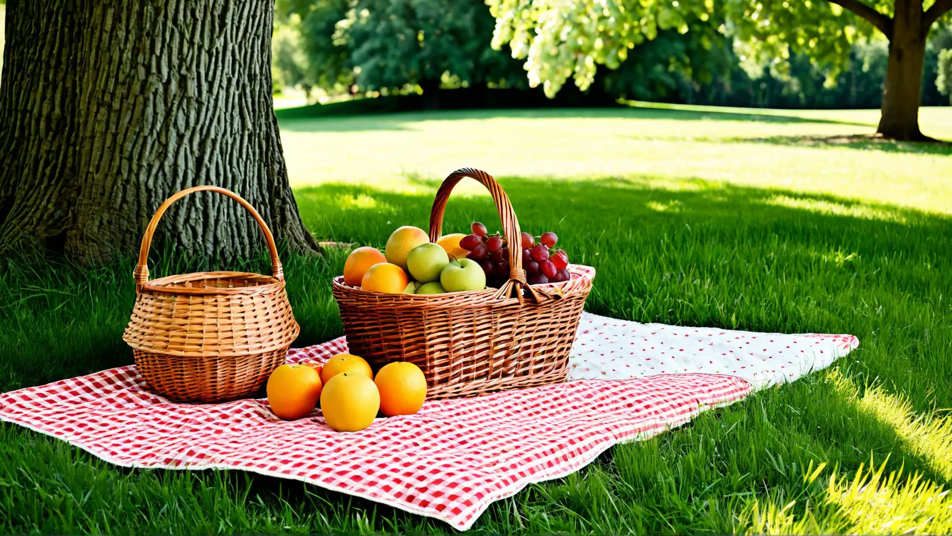 Zomerse picknickset met rieten manden en vers fruit in het park
