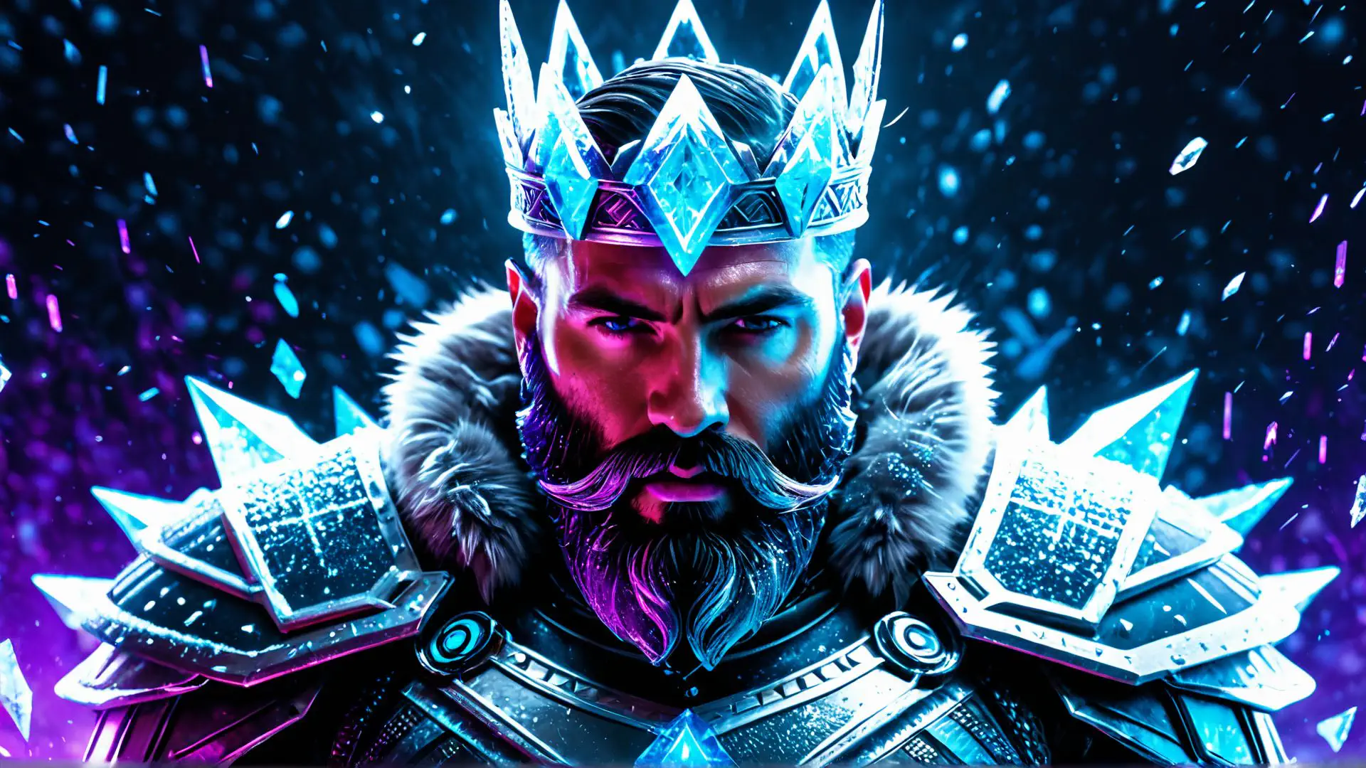 Epische fantasy koning met ijskroon in neon cyberpunk stijl