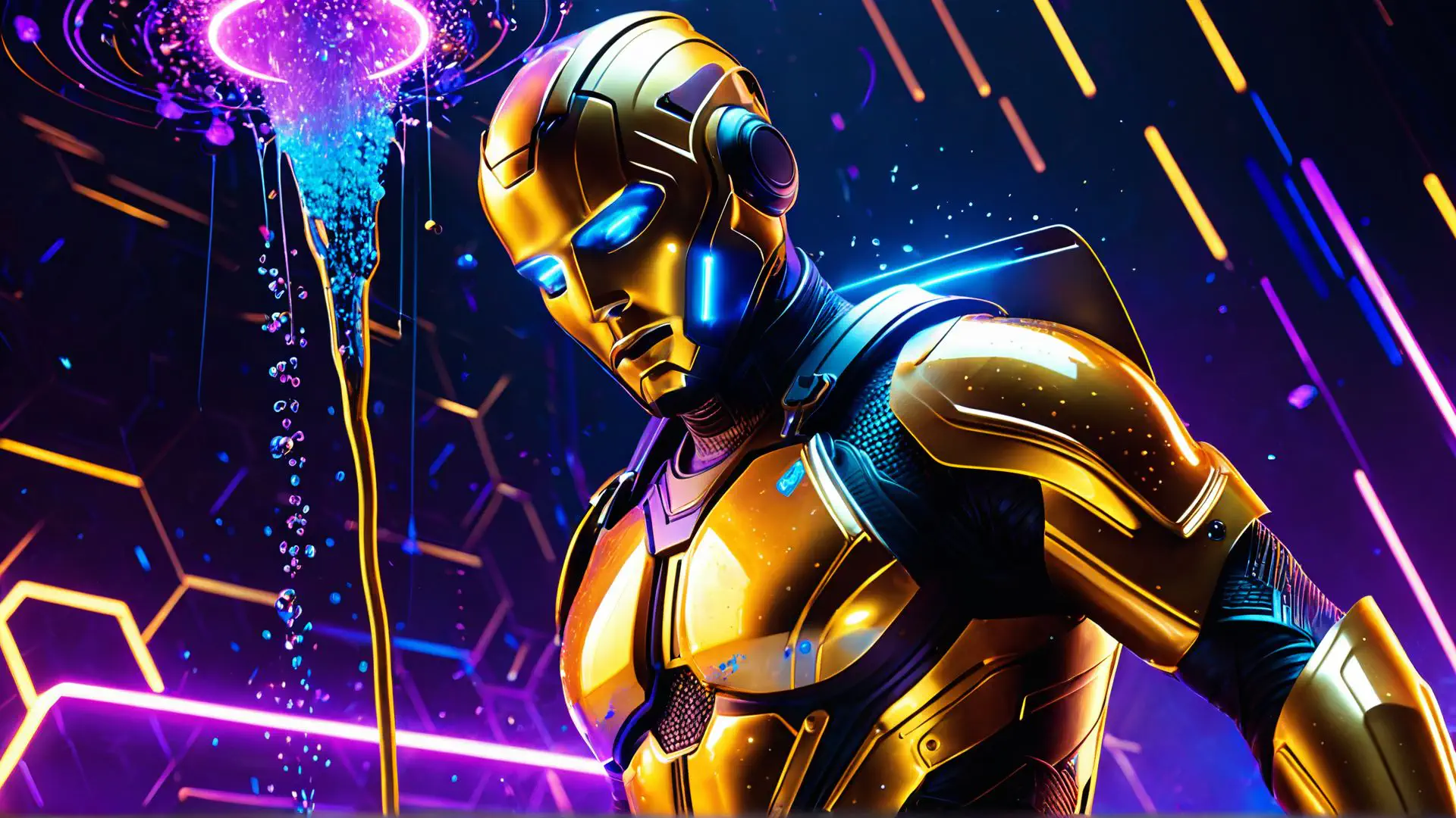 Futuristische robot in gouden pantser met neon effecten kunstwerk