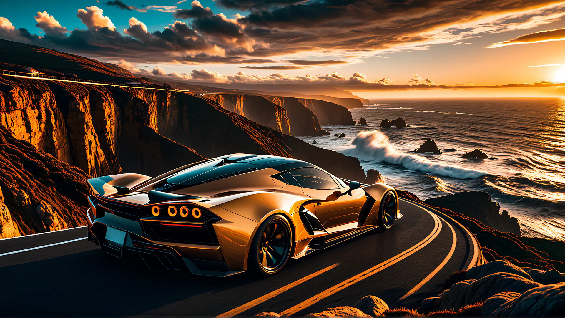 Gouden Supercar op Kustroute Langs Dramatische Kliffen bij Zonsondergang