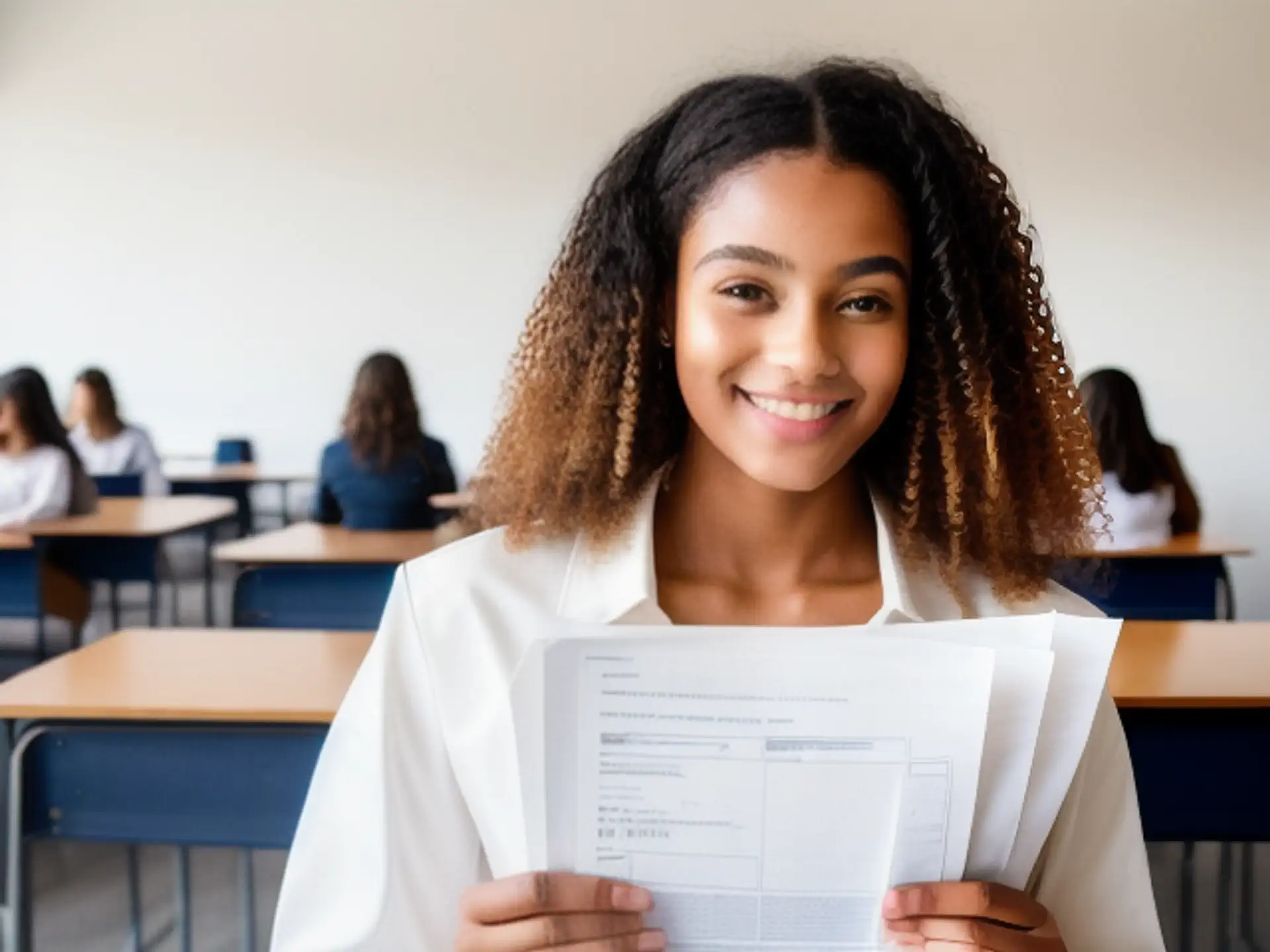 Positieve student met documenten in modern klaslokaal hoger onderwijs