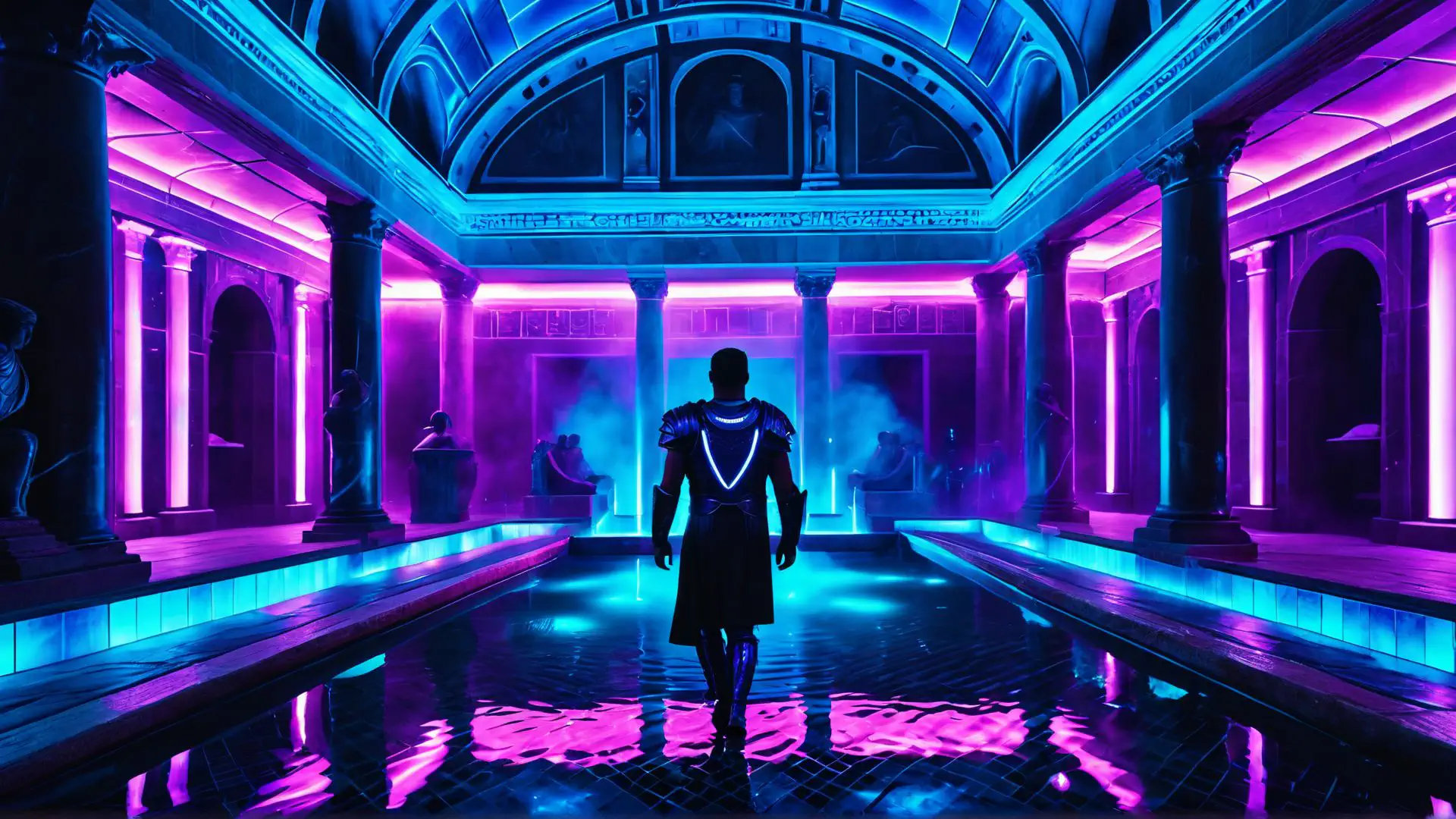 Futuristische neonverlichting in klassiek gebouw met cyberpunk sfeer