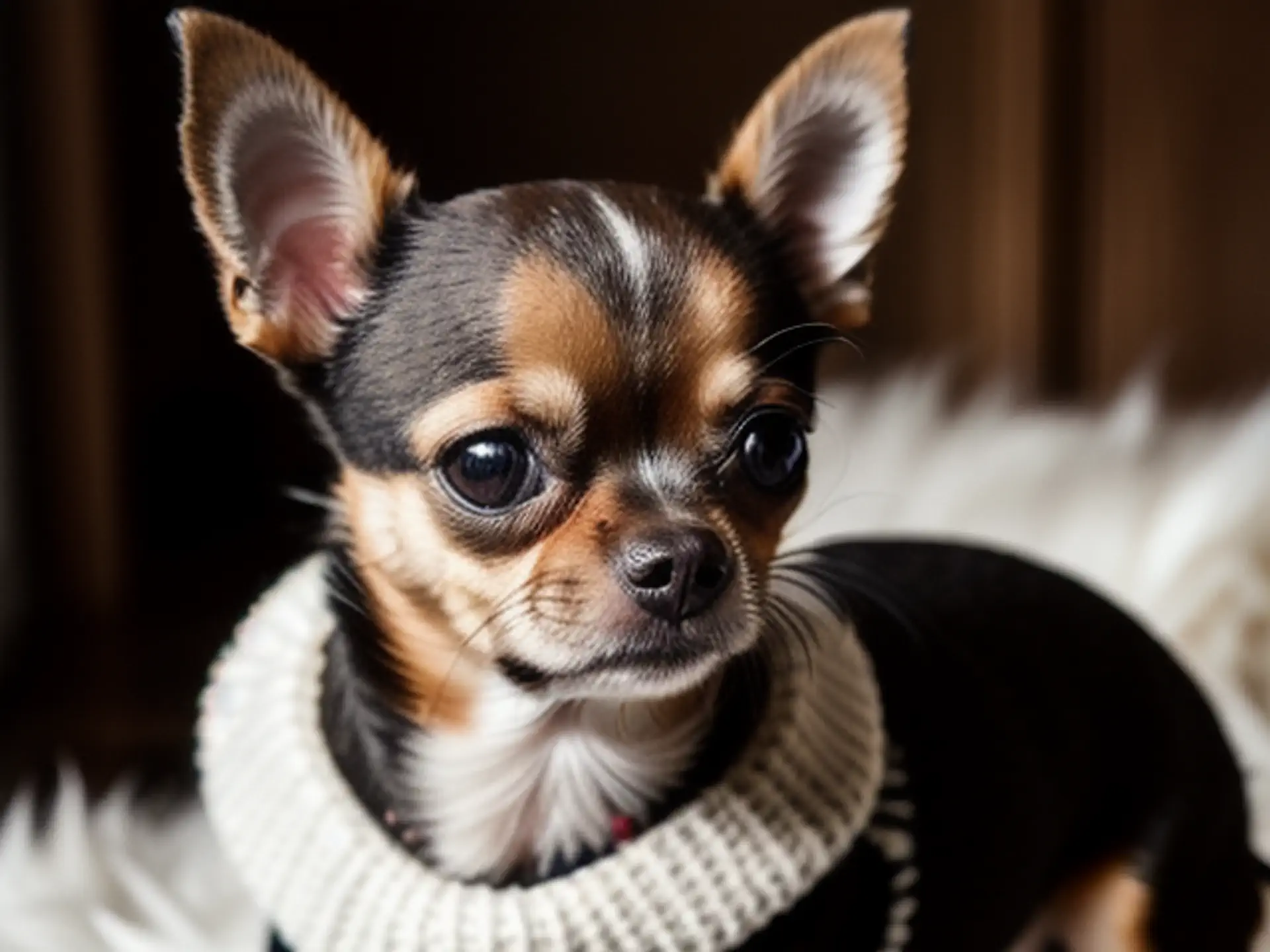 Schattige Chihuahua in witte gebreide coltrui close-up portret