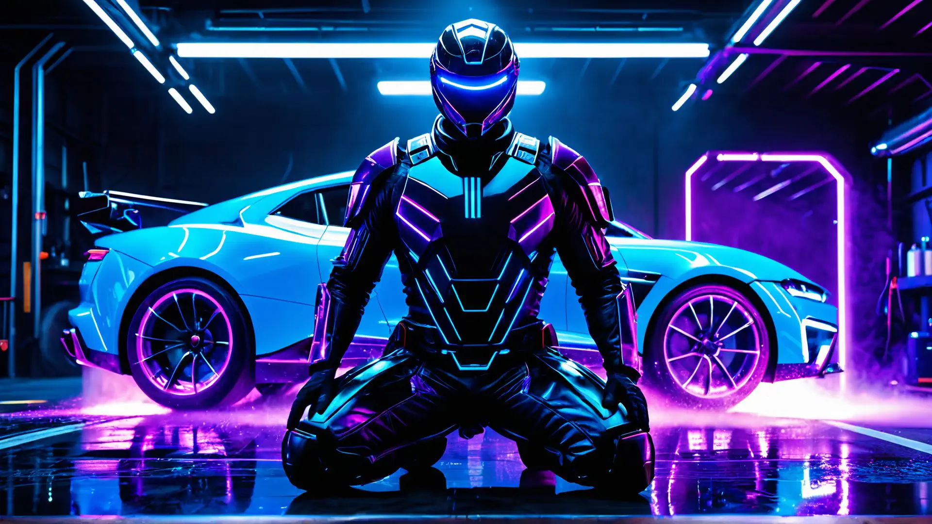 Futuristische robot met sportauto in neon verlichte garage setting