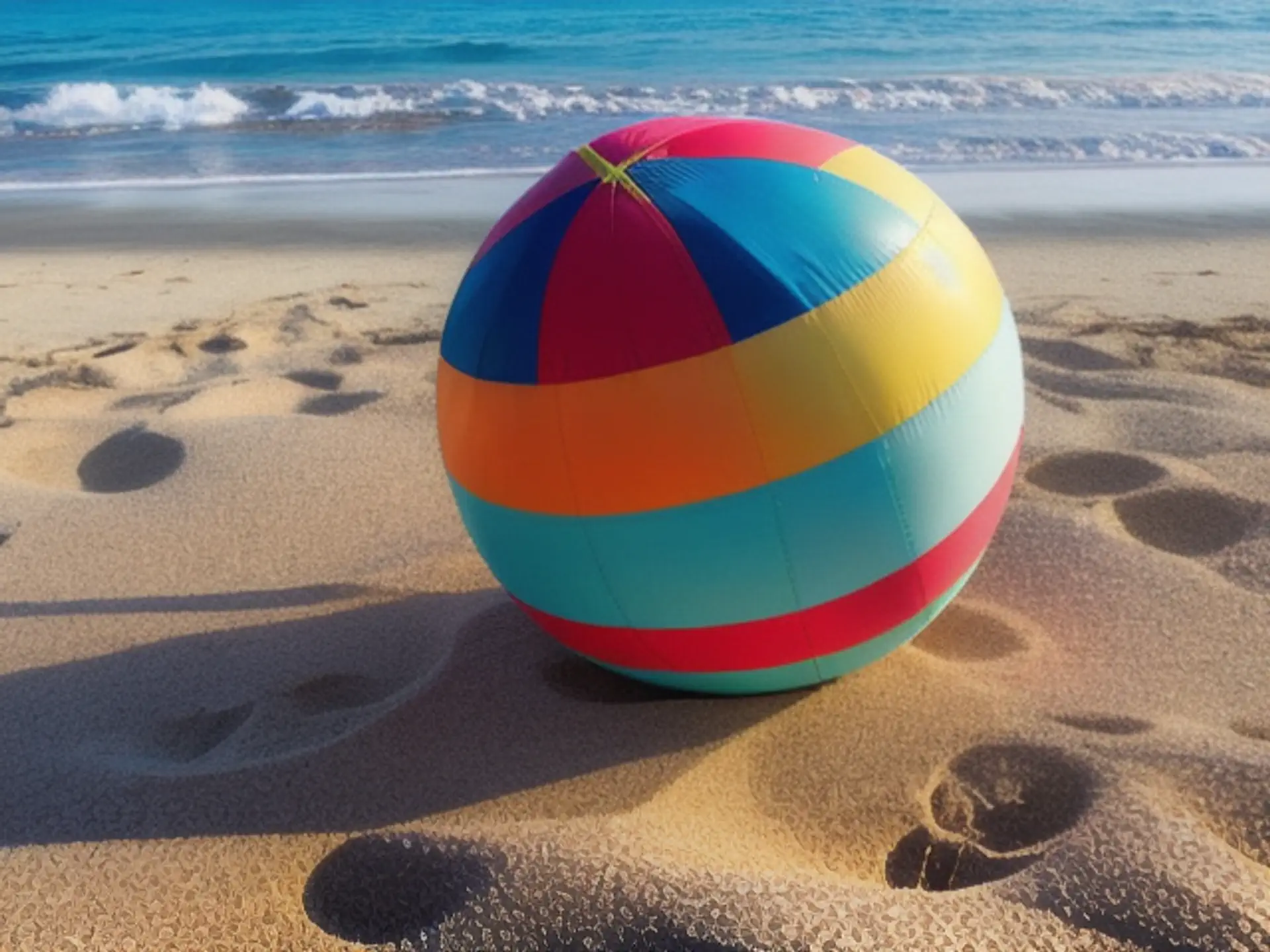 Kleurrijke strandbal op zonnig strand met azuurblauwe zee