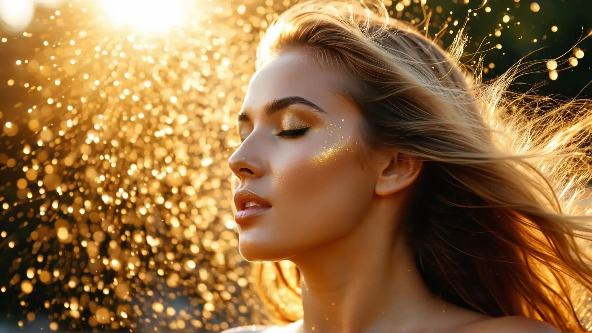 Gouden glitter make-up met magisch tegenlicht bij zonsondergang
