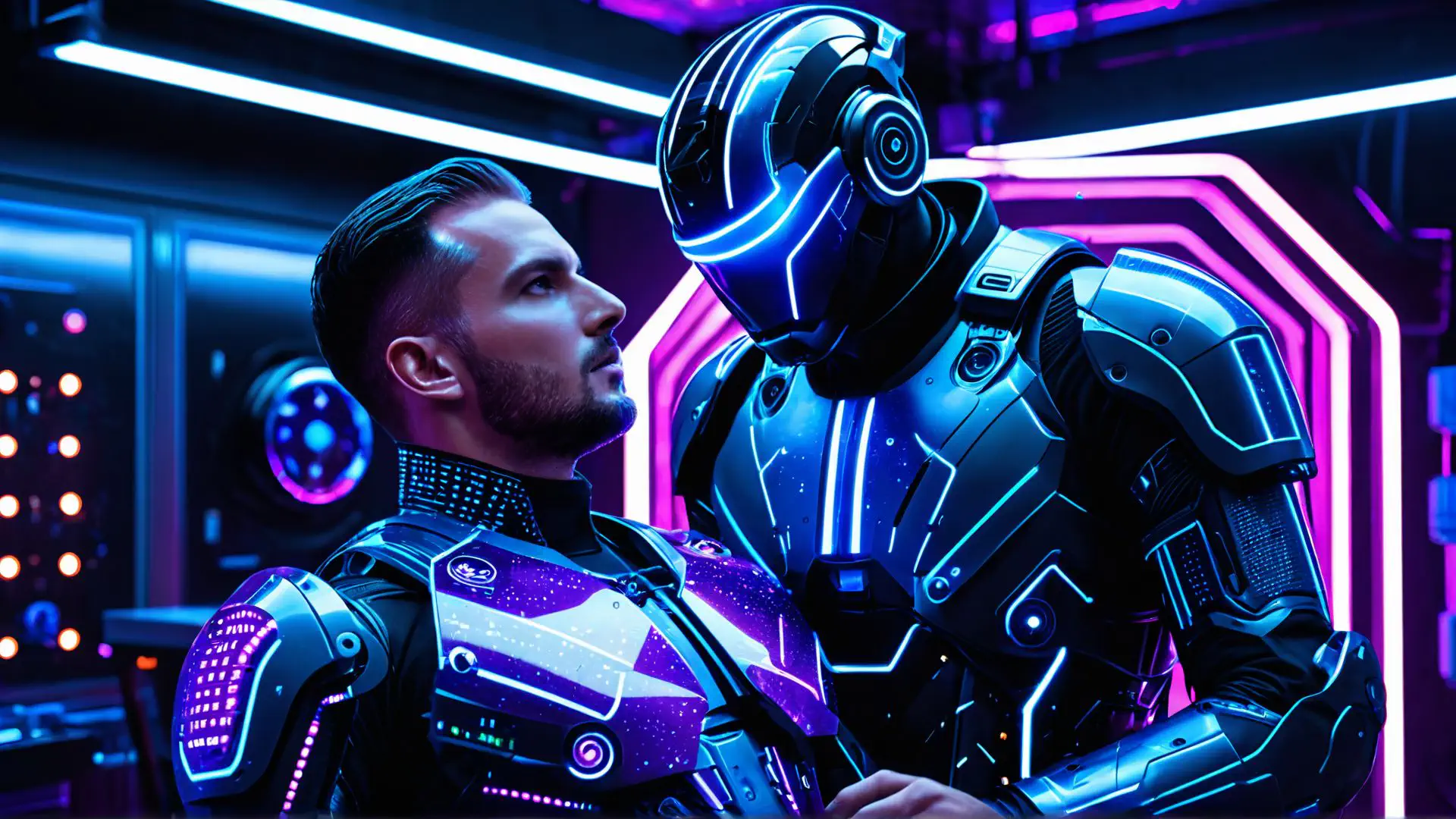 Futuristische ontmoeting tussen mens en robot in neon cyberpunk