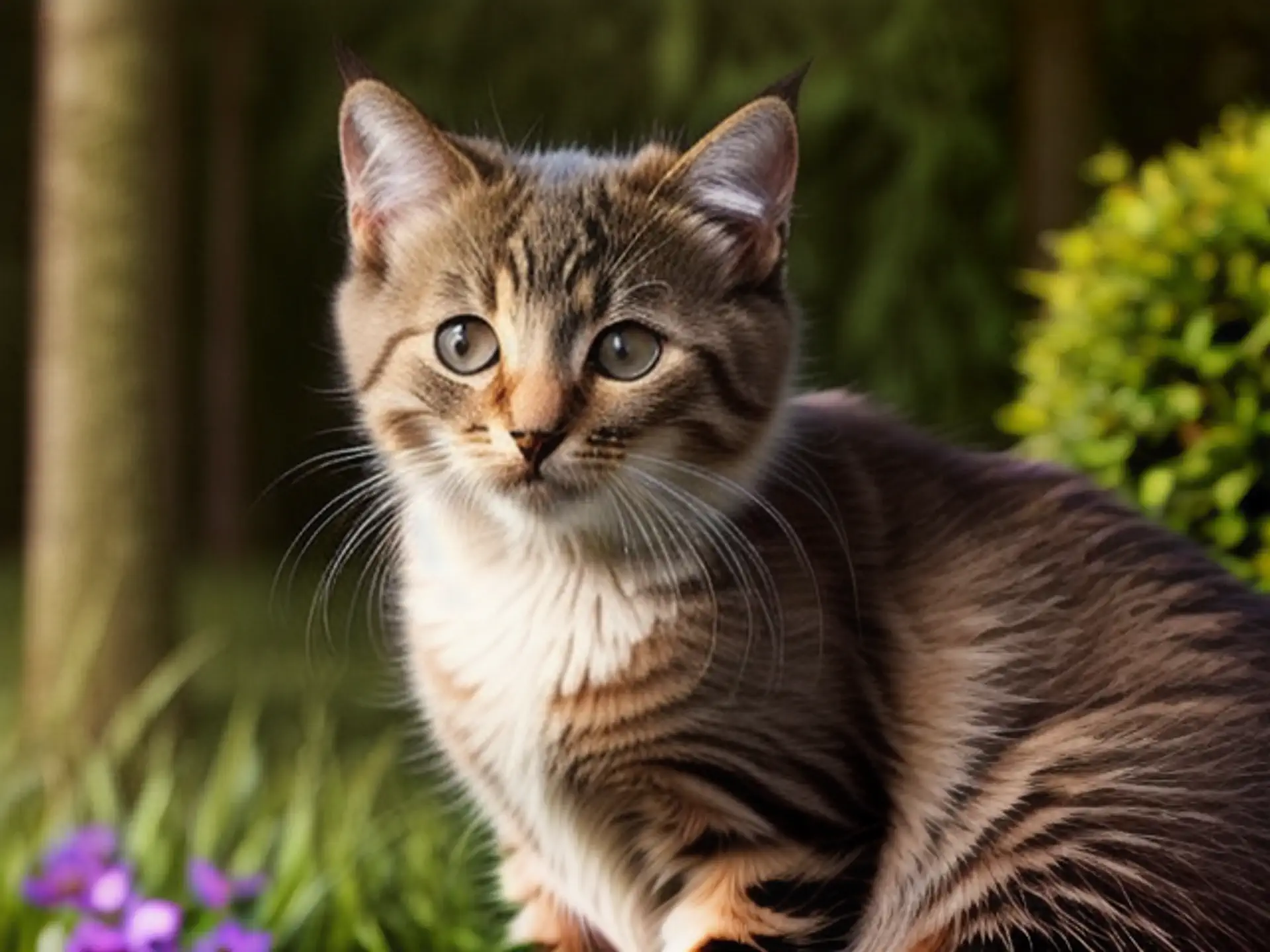 Gestreepte kat met grote ogen poseert in bloeiende lentetuin