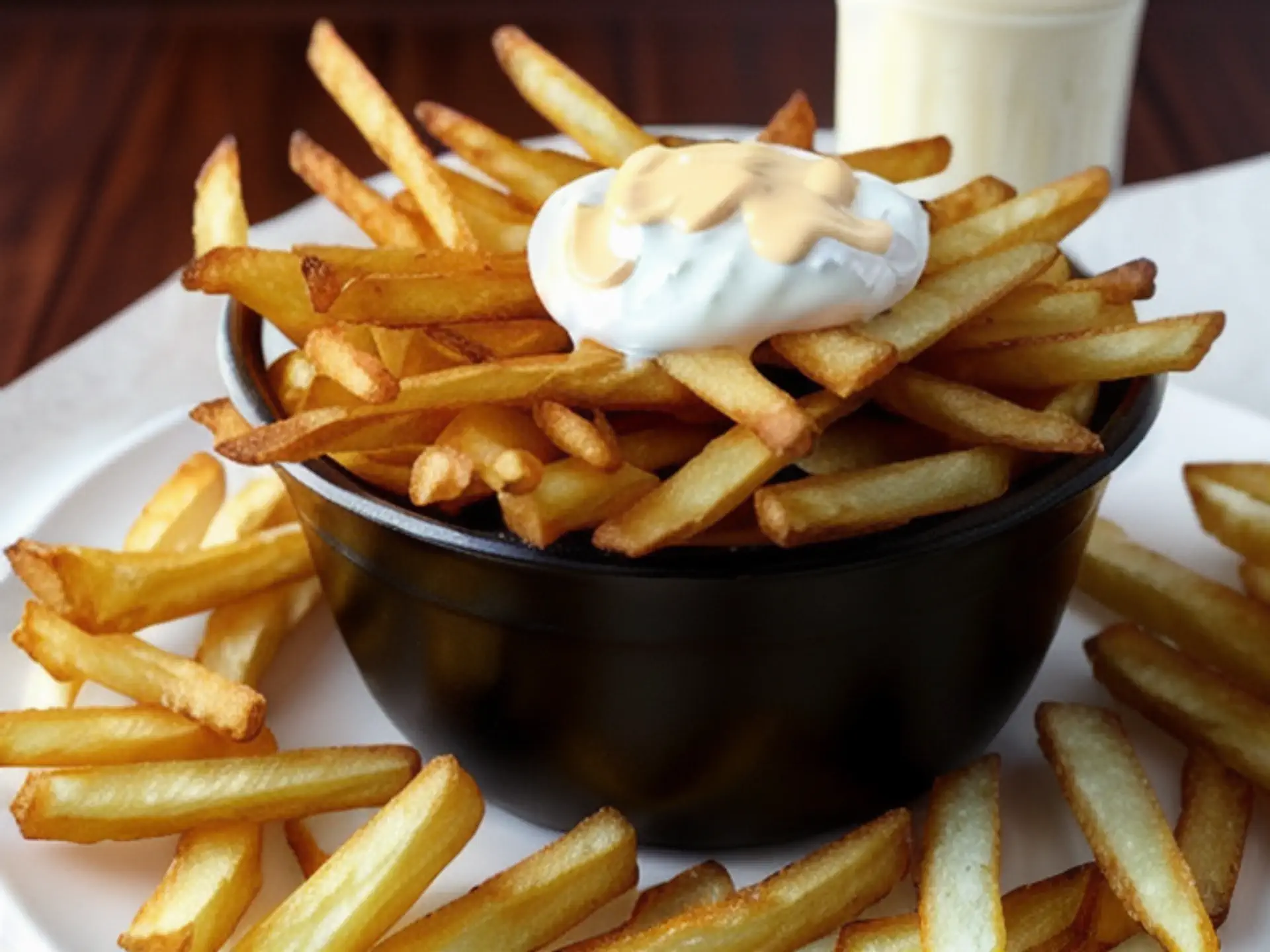 Knapperige friet met romige mayonaise in zwarte kom op wit bord