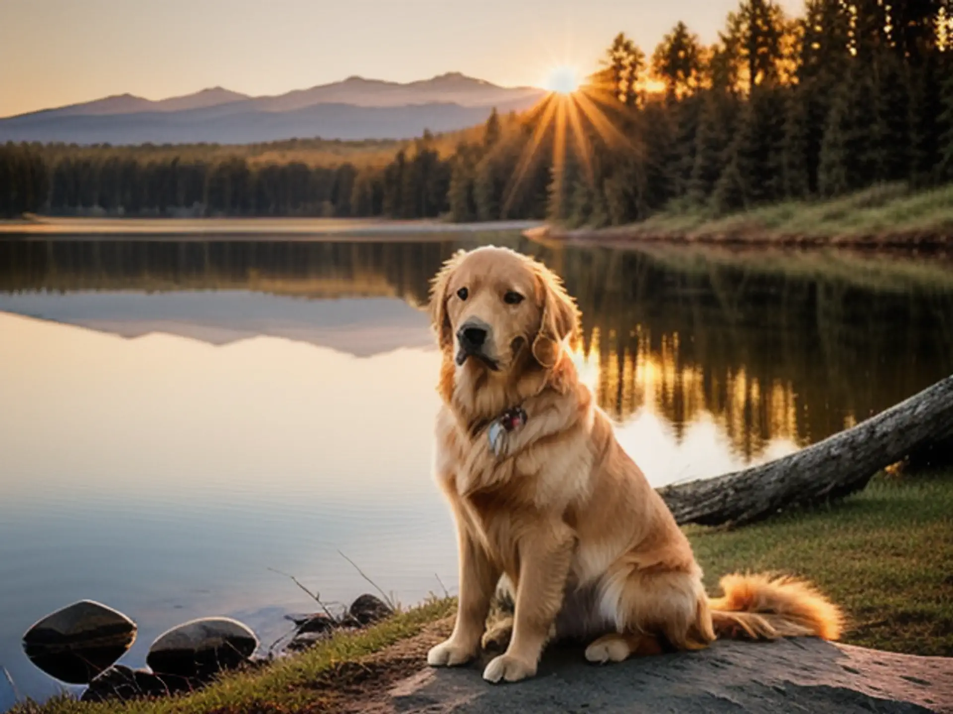 Golden Retriever bij bergmeer tijdens gouden zonsondergang