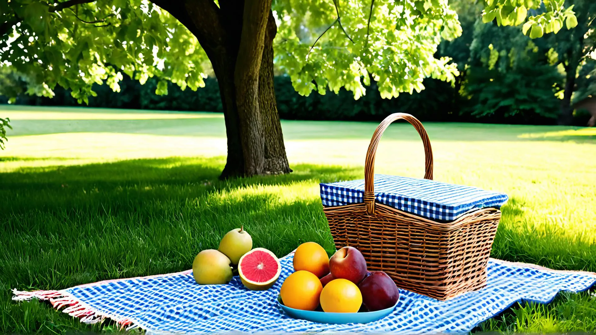 Zomerse picknickset met rieten mand en vers fruit in park