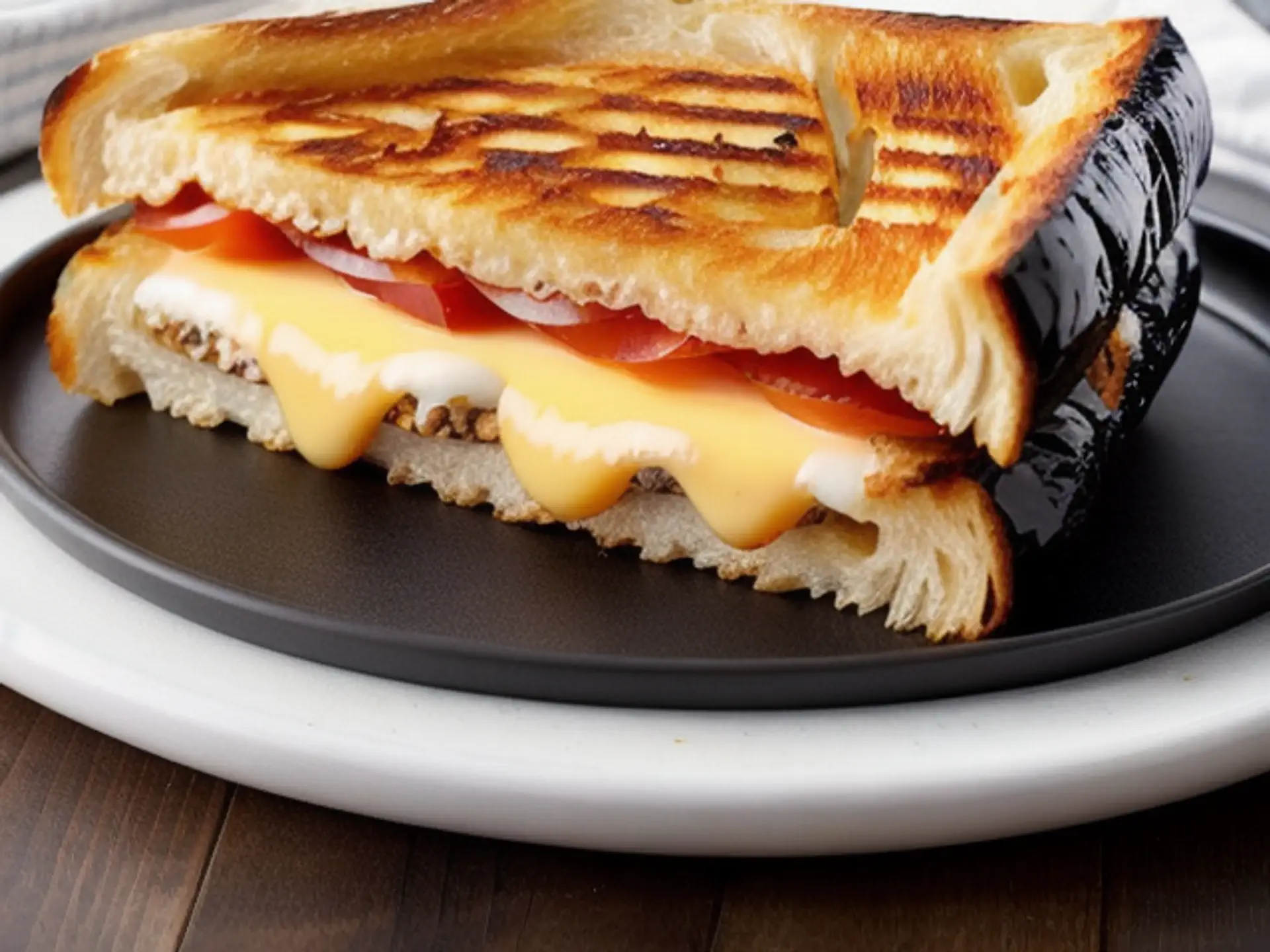 Gegrilde tosti met gesmolten kaas en ham op zwart keramisch bord