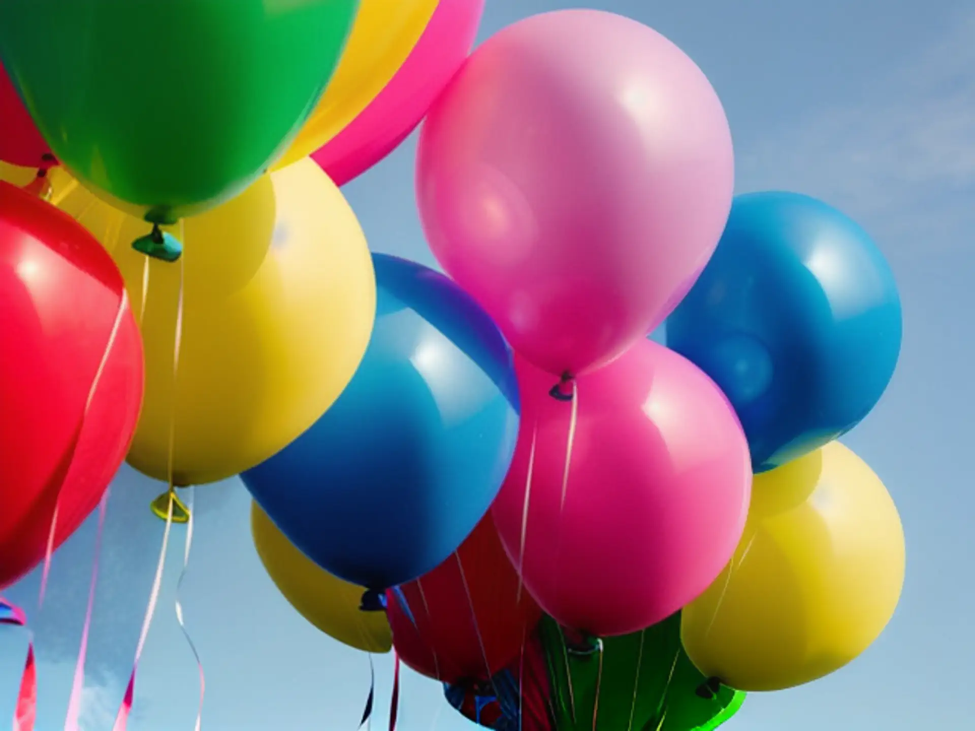 Kleurrijke feestballonnen tegen stralend blauwe zomerlucht