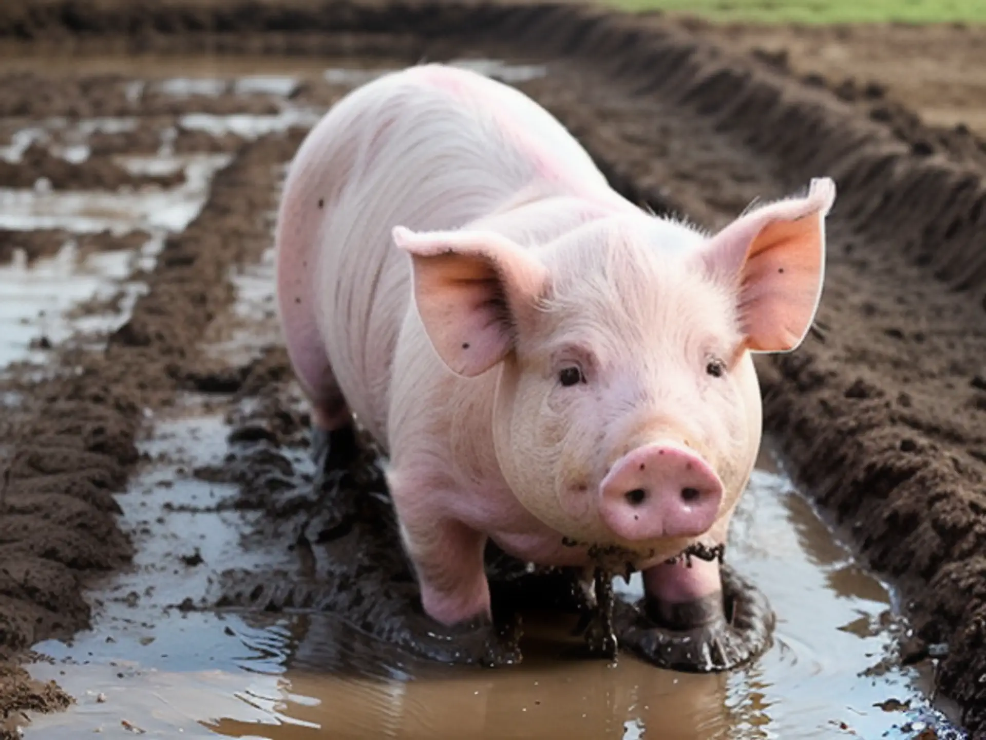 Roze biggetje speelt vrolijk in modderige plas op biologische
