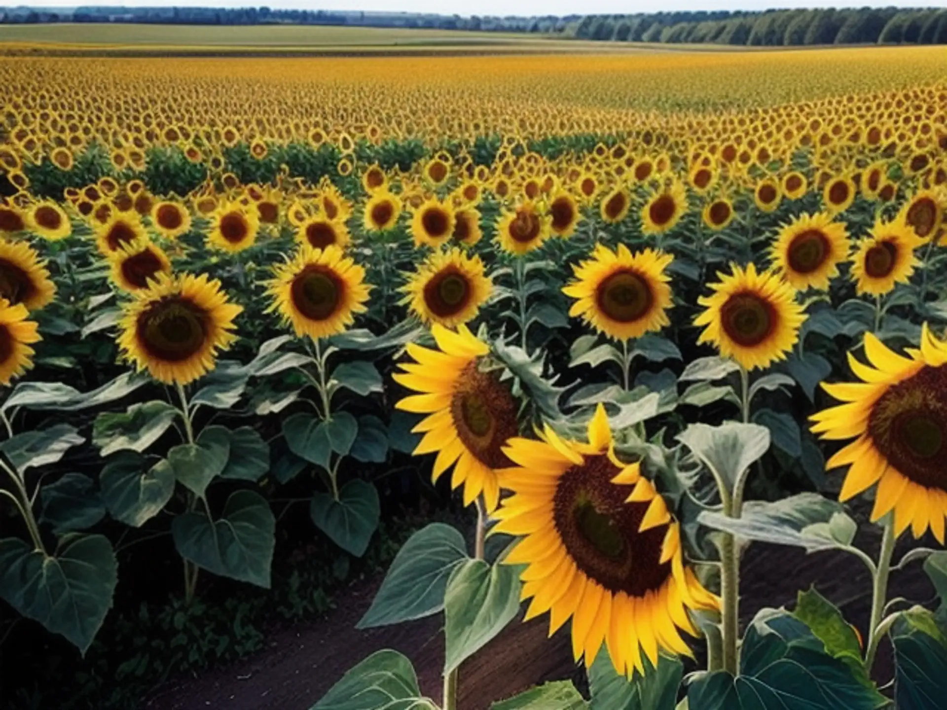 Uitgestrekt zonnebloemenveld met eindeloze gele bloemen tot aan