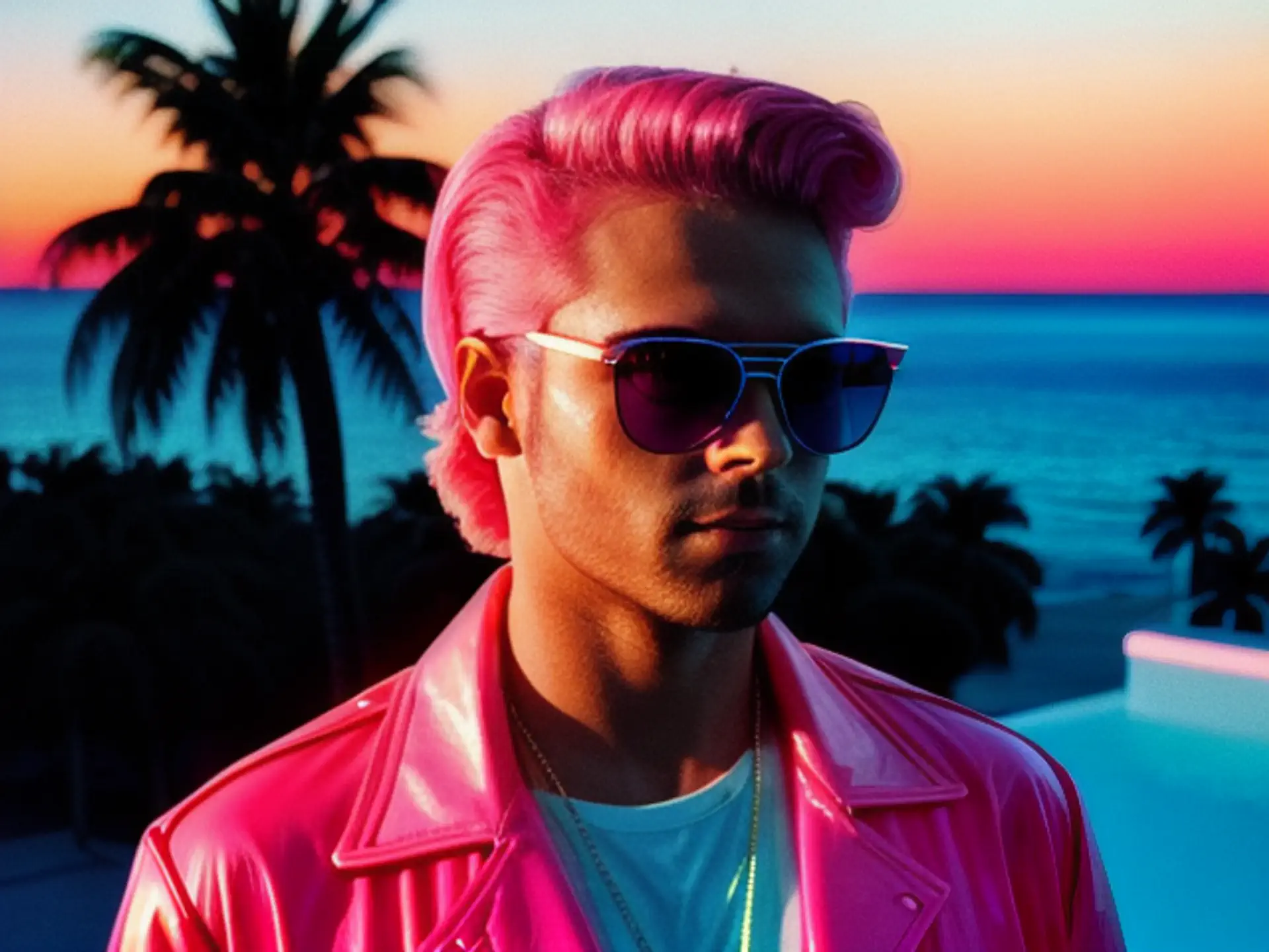 Tropische zonsondergang met neonroze tinten en palmbomen bij oceaan