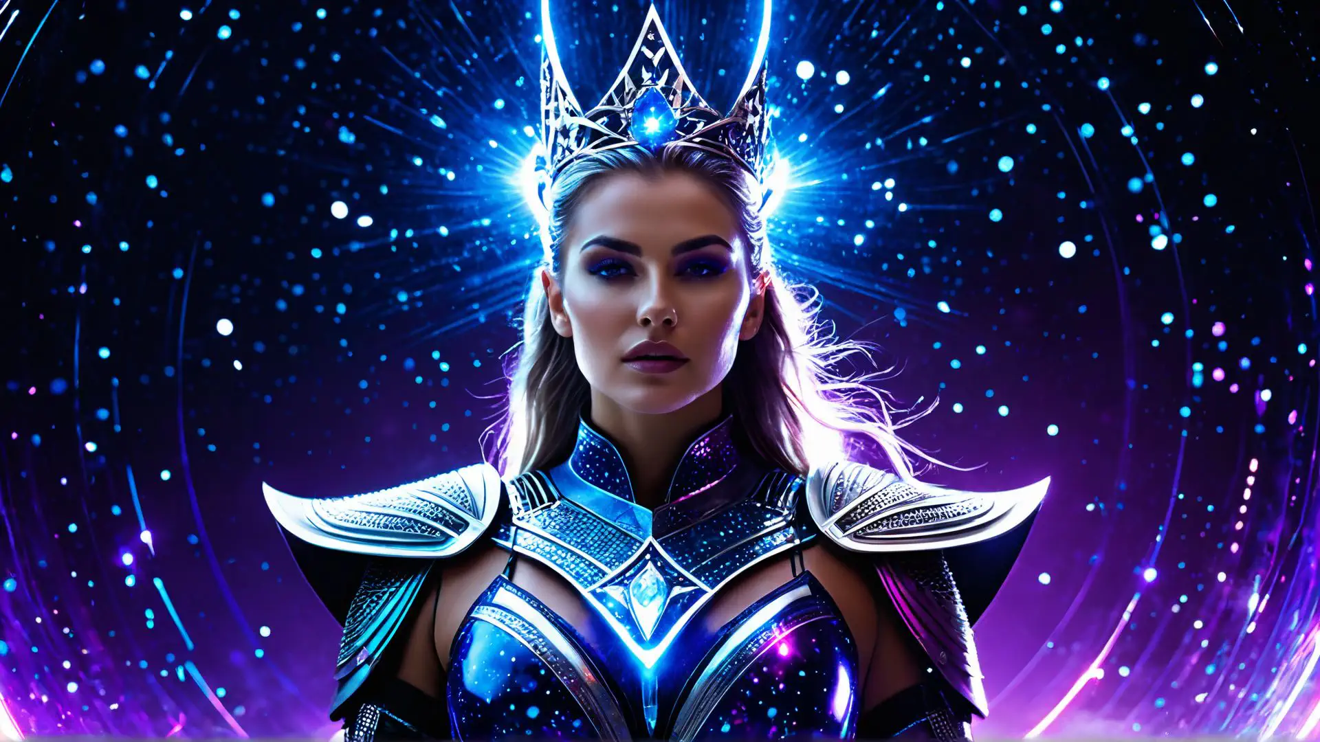 Magische fantasy koningin in futuristisch neon harnas met kroon