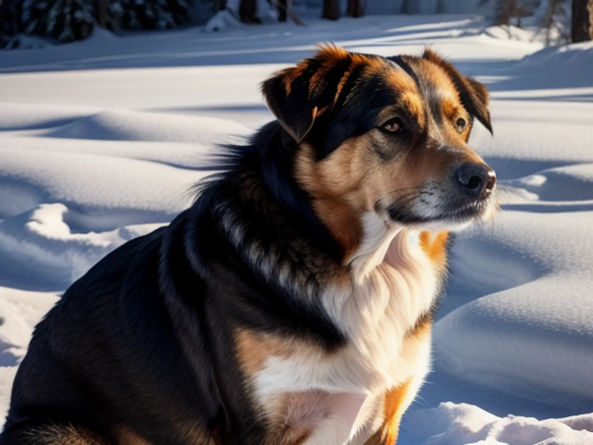 Prachtige driekleurige hond geniet van winterse sneeuwlandschap