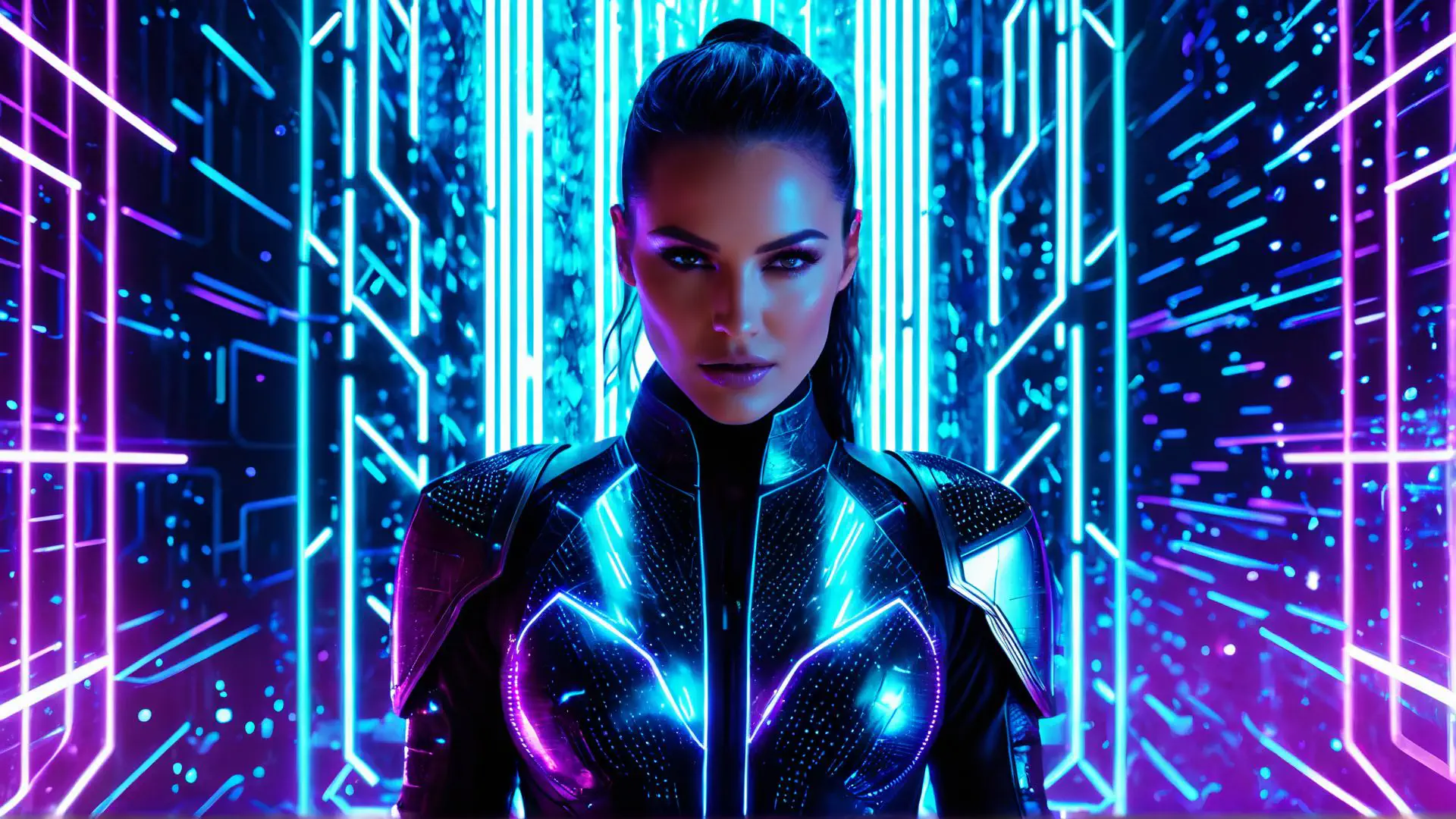 Futuristisch portret met neon verlichting en cyberpunk kostuum