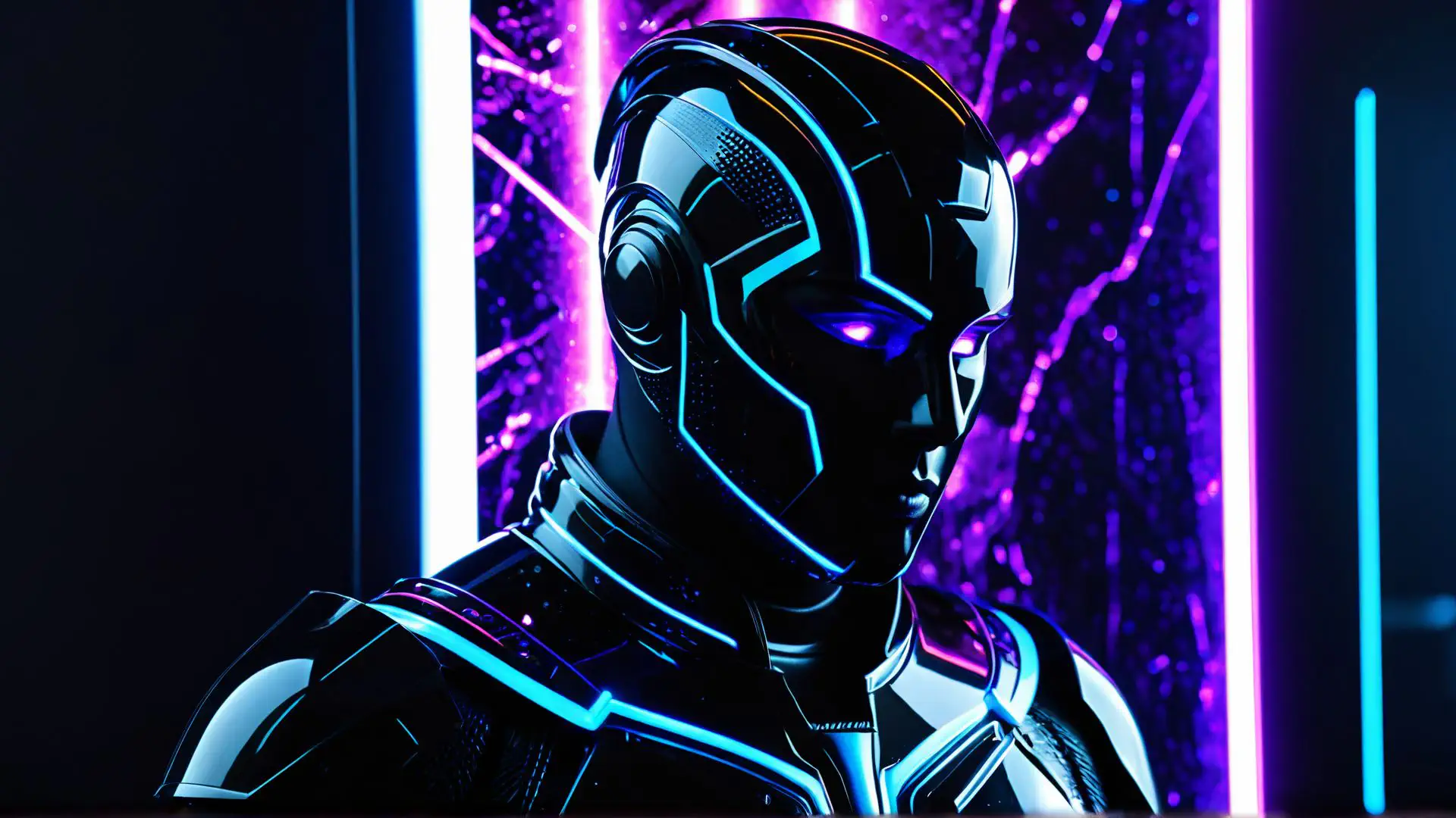 Futuristische robothelm met neon verlichting in cyberpunk stijl