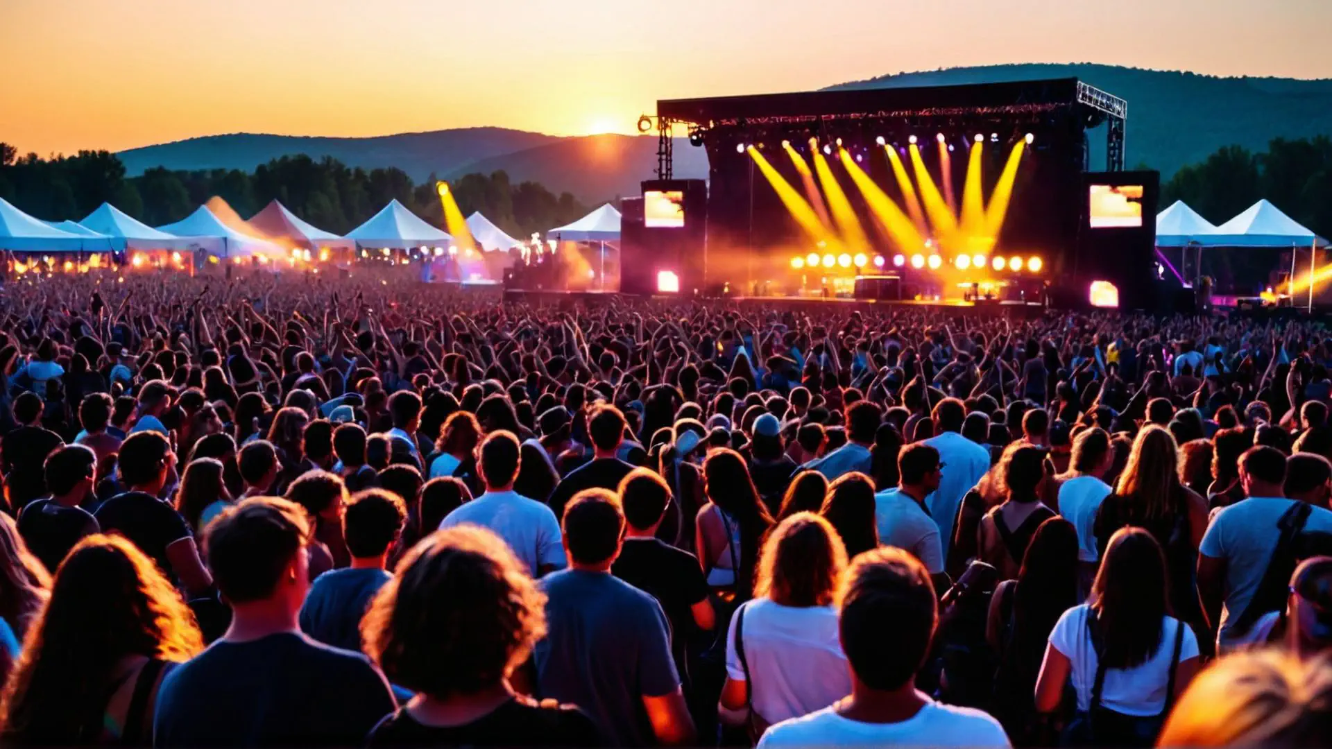 Zomerfestival bij zonsondergang met grote menigte en verlicht podium
