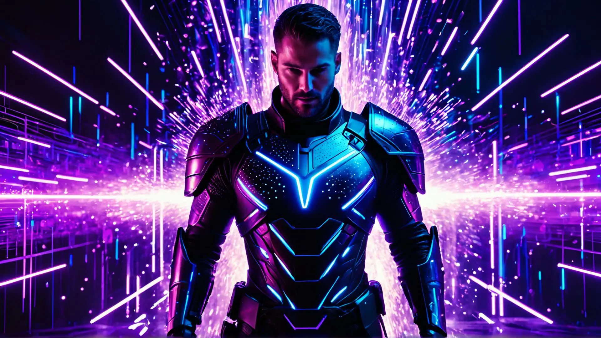 Futuristisch cyberpunk harnas met neon verlichting in paars en blauw