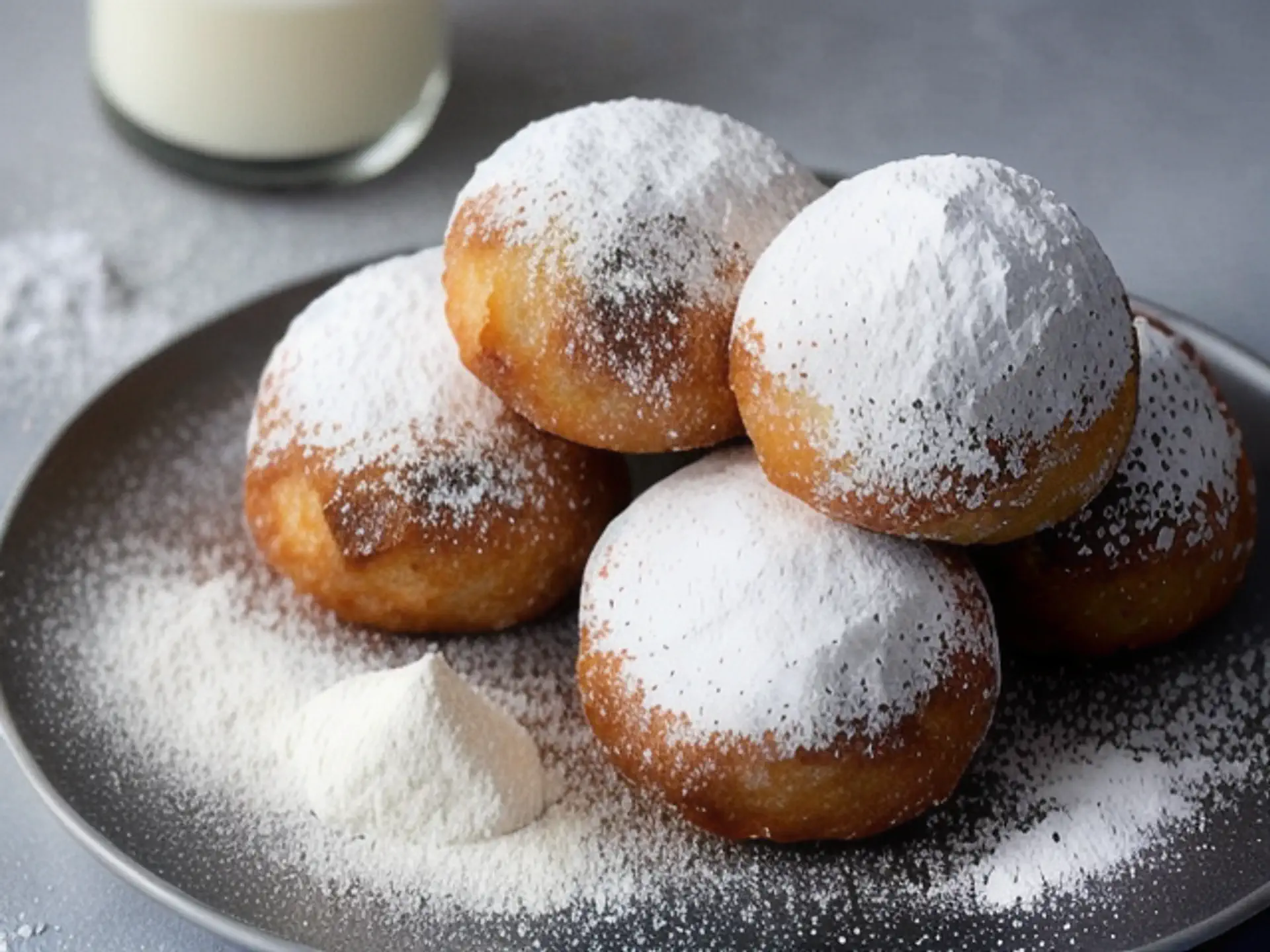 Verse oliebollen met poedersuiker op grijze schaal met glas melk
