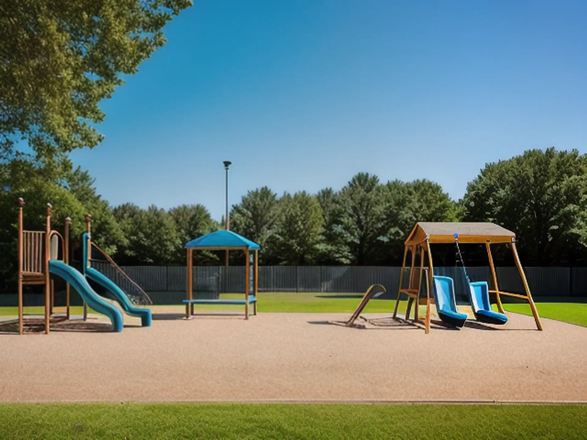 Moderne kinderspeeltuin met schommels en glijbanen in parkachtige