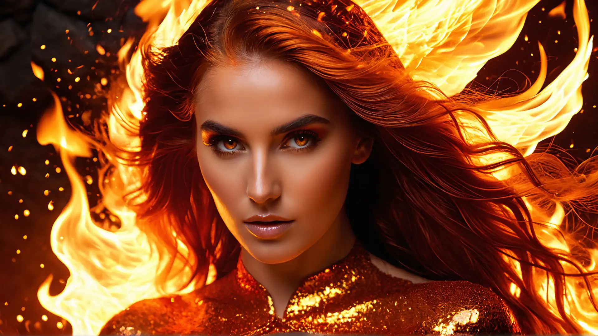 Vurige fantasie portretfoto met dramatische vlammen en gouden gloed