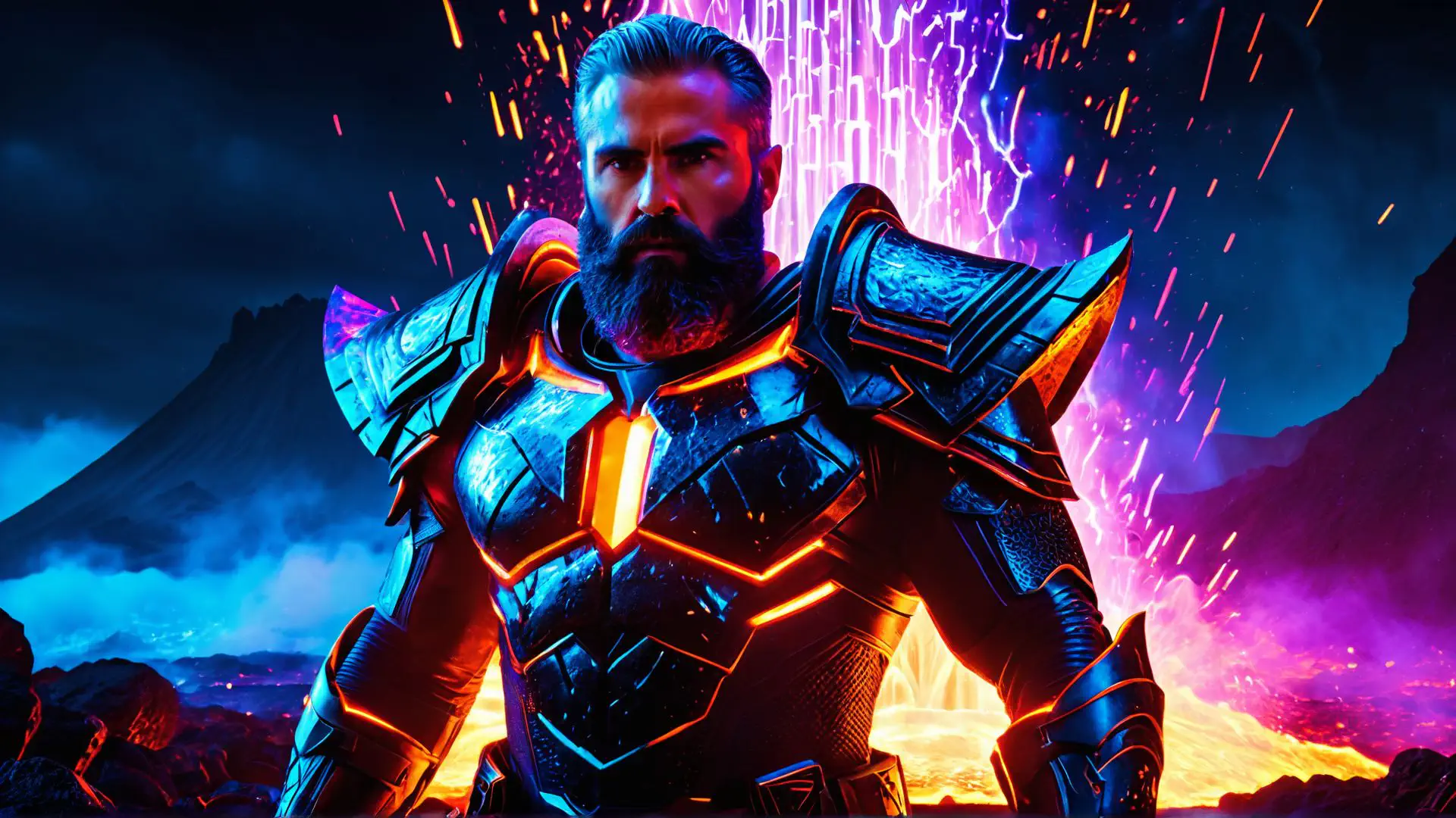 Futuristische krijger in neon verlicht pantser met epische achtergrond