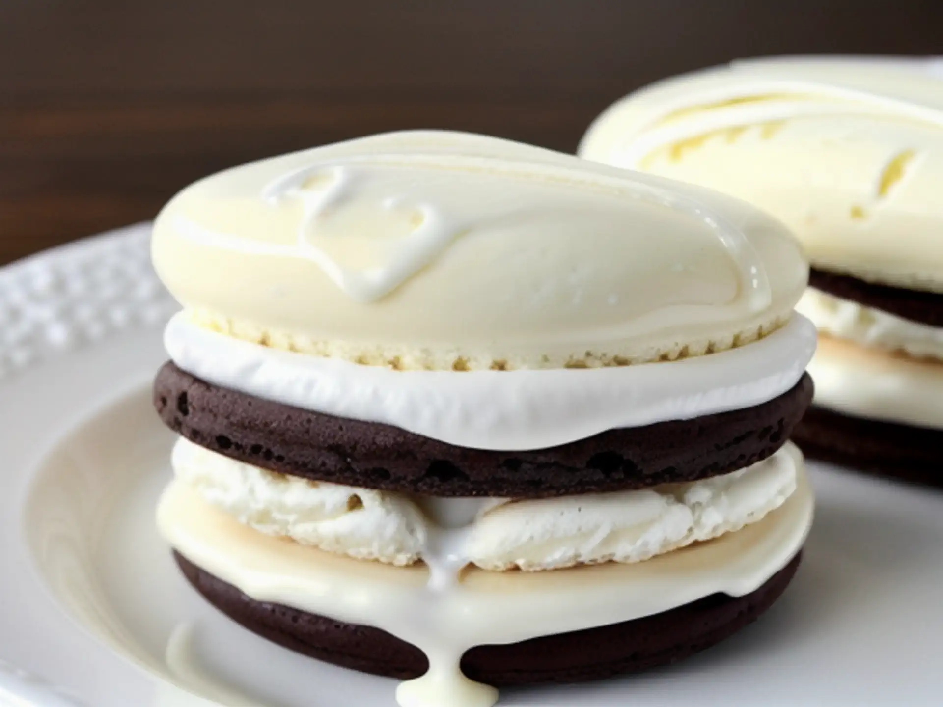 Luxe chocolade macarons met romige witte chocoladevulling op bord