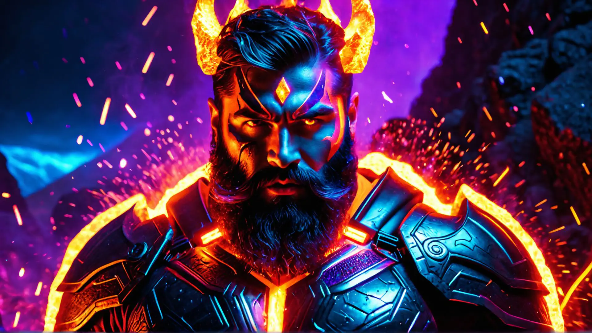 Epische fantasy krijger in neon blauw en vurig oranje harnas