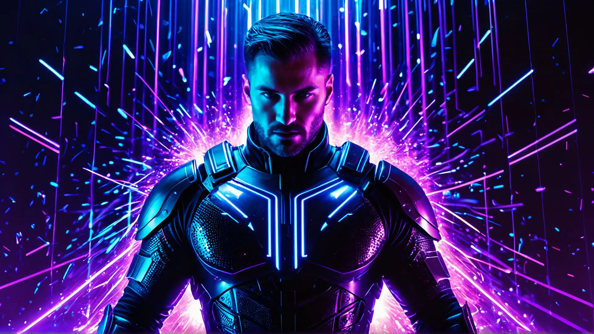 Futuristisch cyberpunk portret met neon verlichting en sci-fi harnas