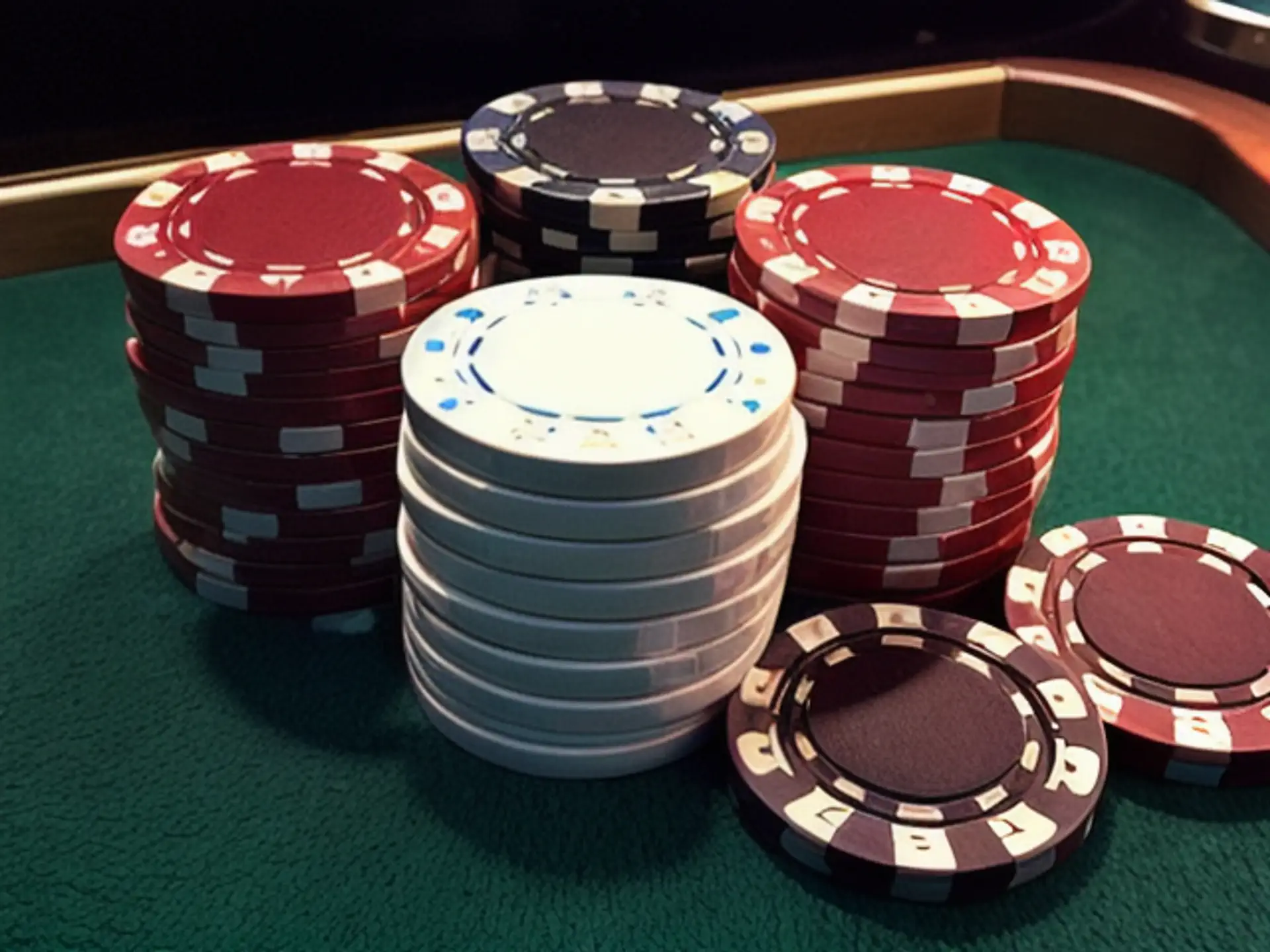Kleurrijke pokerfiches op groene speeltafel voor casino en