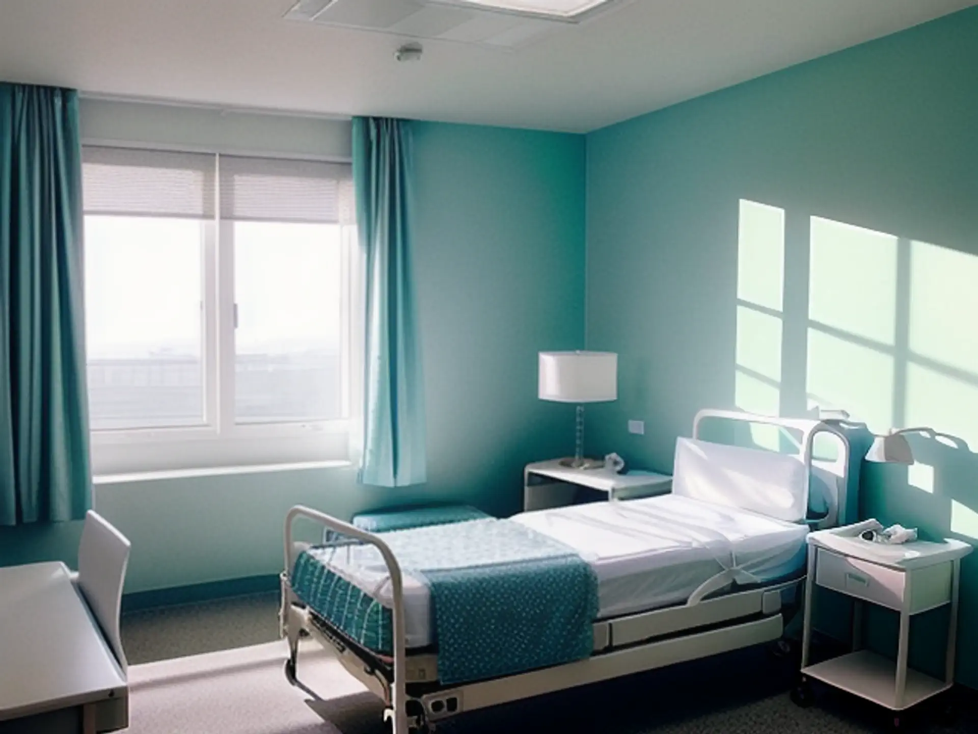 Moderne ziekenhuiskamer met turquoise accenten en natuurlijk daglicht
